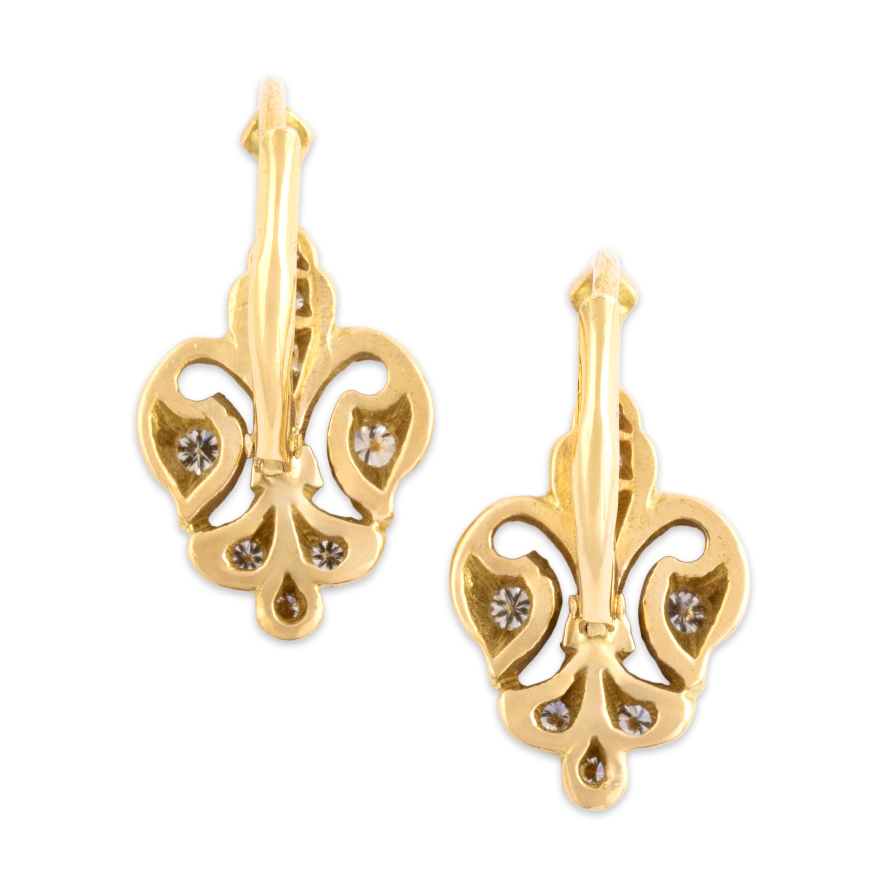 Vintage 18k Yellow Gold Diamond Sparkling Fleur De Lis Dangle Earrings - Back view