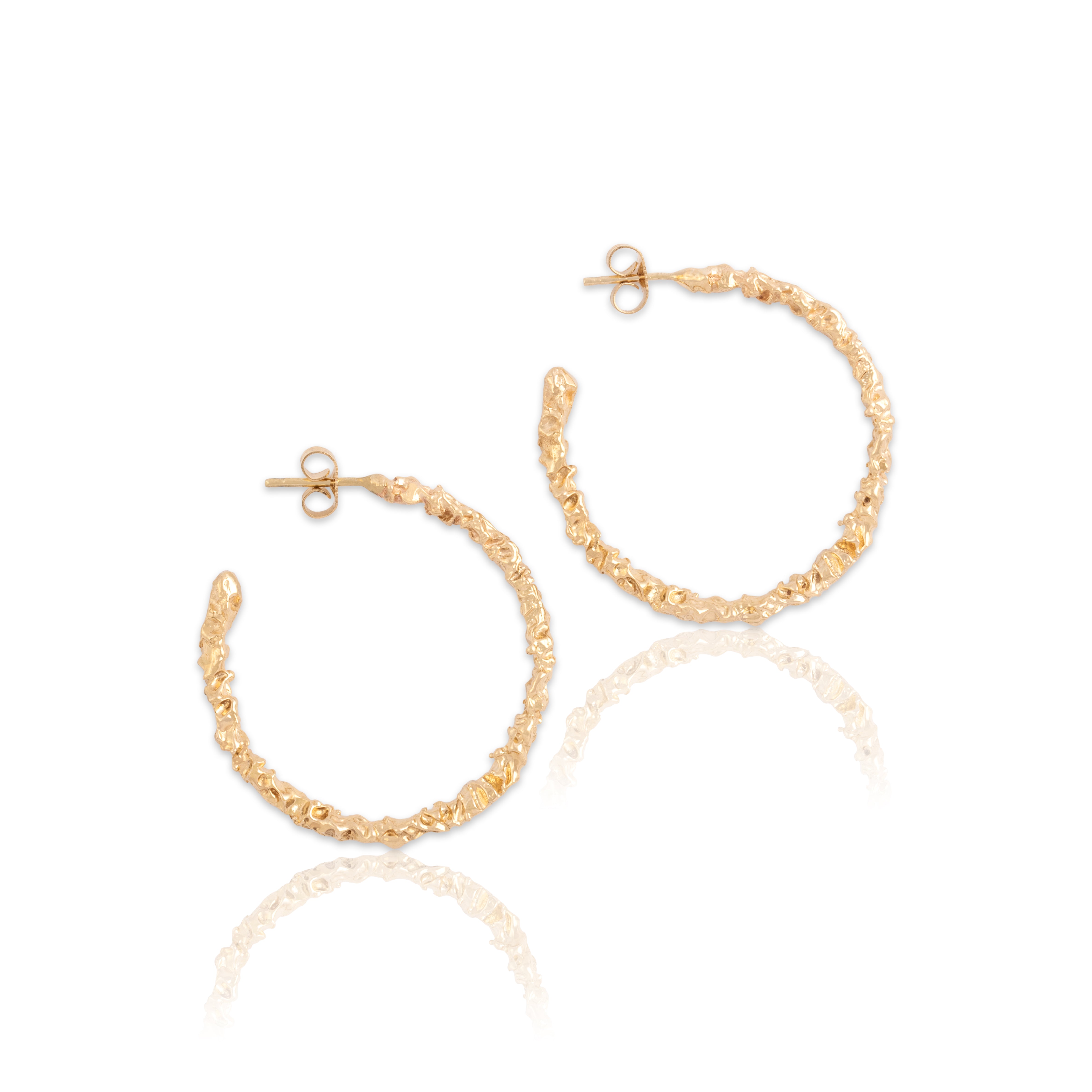 Vintage 14k Yellow Gold Funky Brutalist Nugget Hoop Earrings - Close-up view