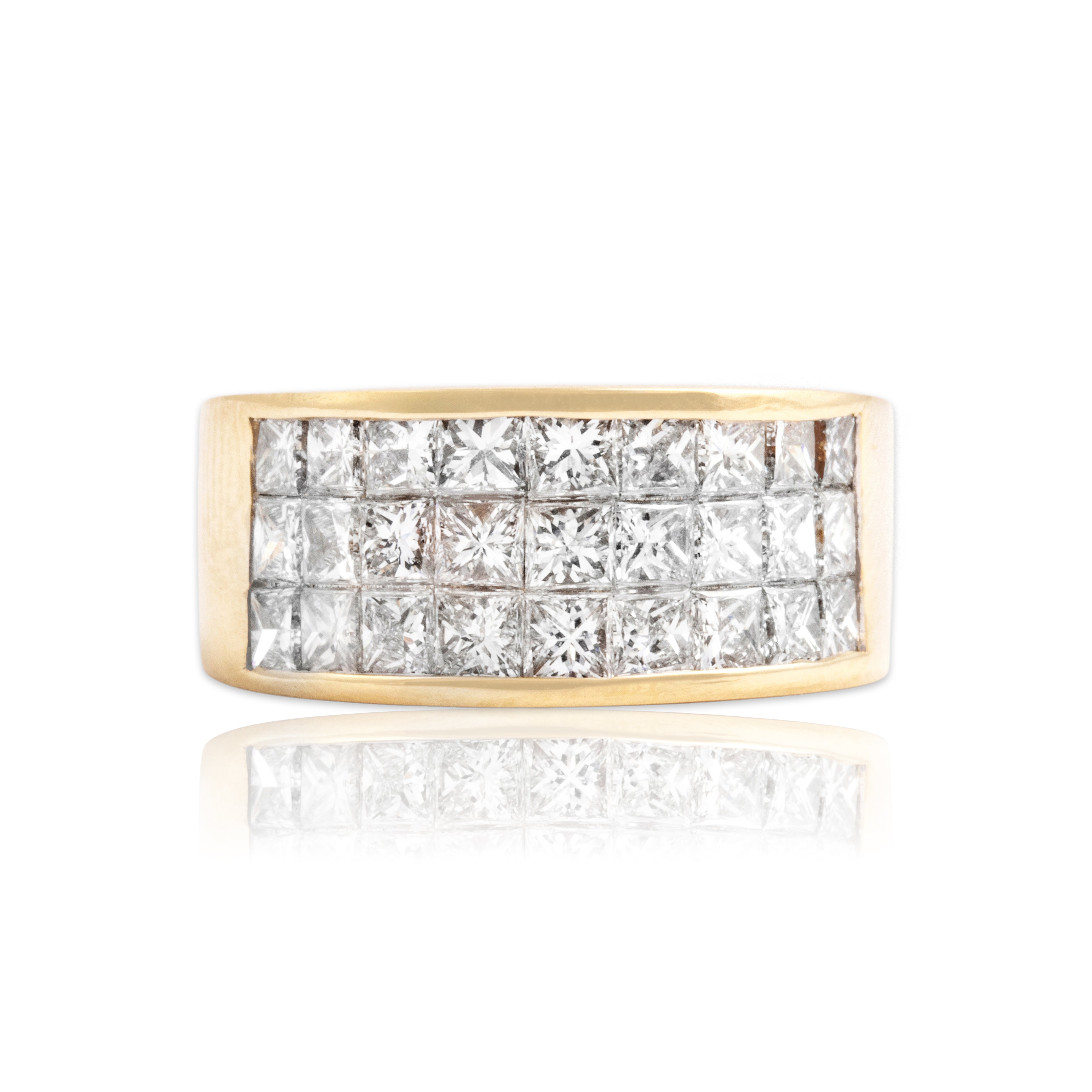 Vintage 18k Yellow Gold 1.39cttw Diamond Fabulous Invisible-Set Geometric Wide Band Ring - Close-up view