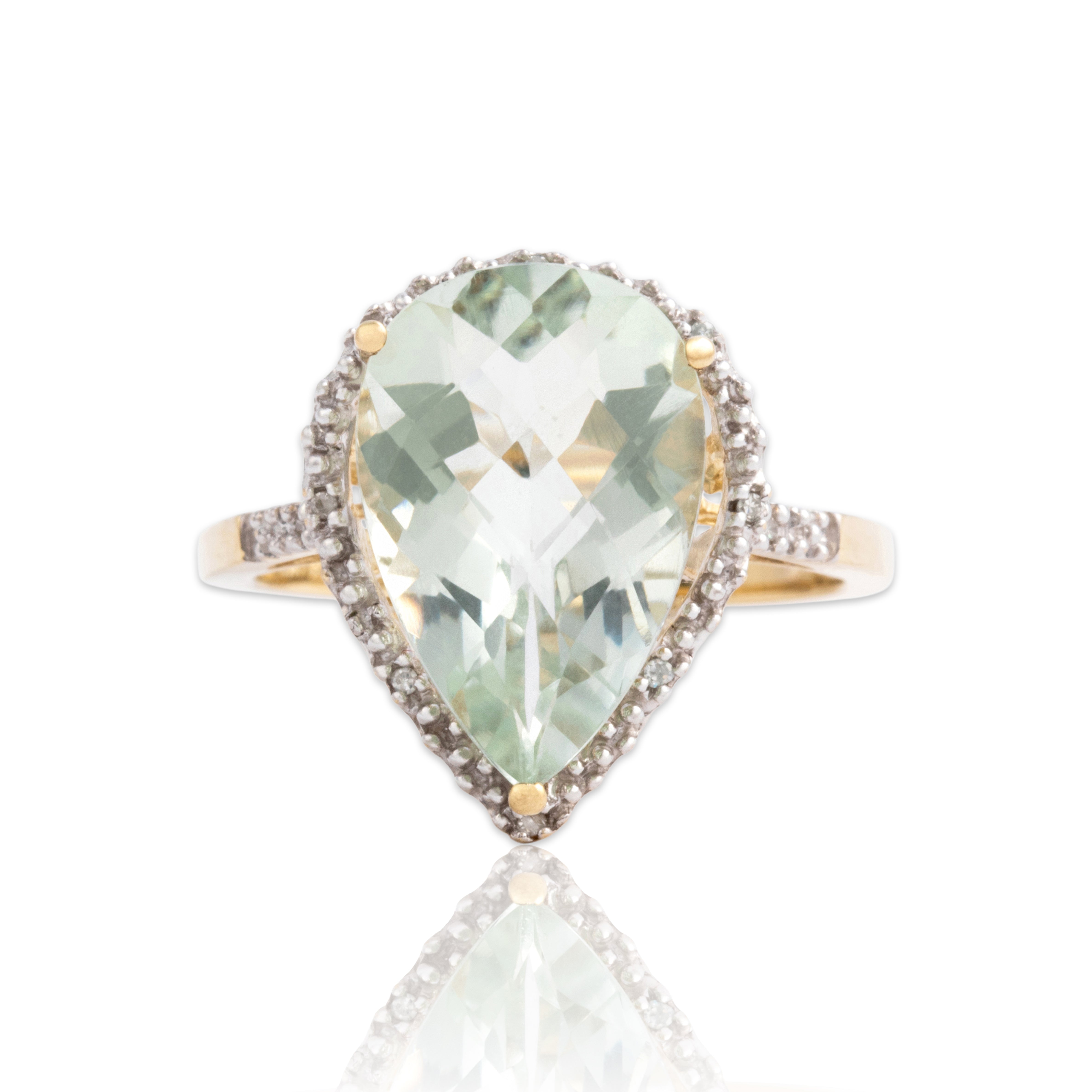 Vintage 10k Yellow & White Gold 4.67ct Prasiolite Diamond Checkerboard Pear Halo Cocktail Ring - Close-up view