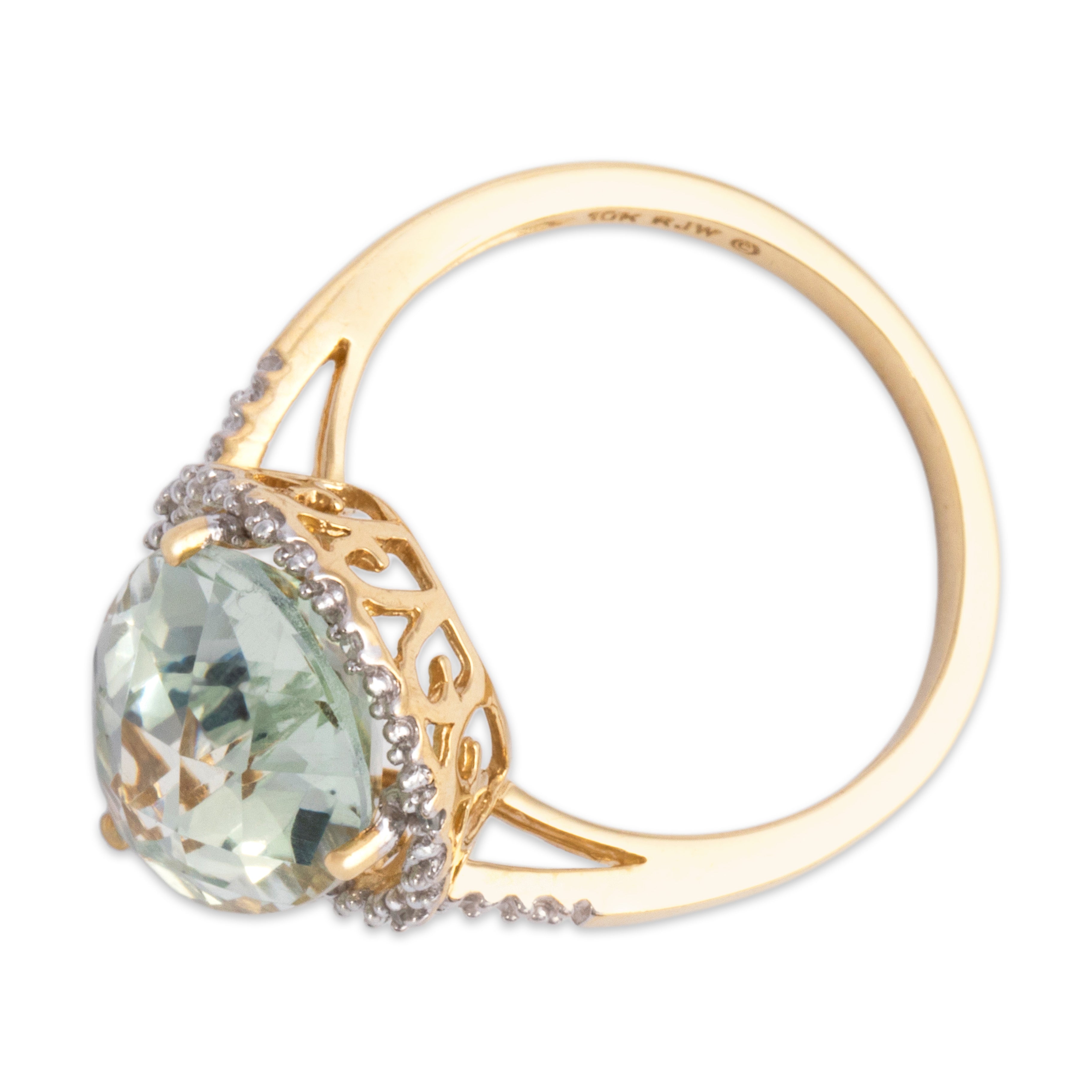 Vintage 10k Yellow & White Gold 4.67ct Prasiolite Diamond Checkerboard Pear Halo Cocktail Ring - Overall view