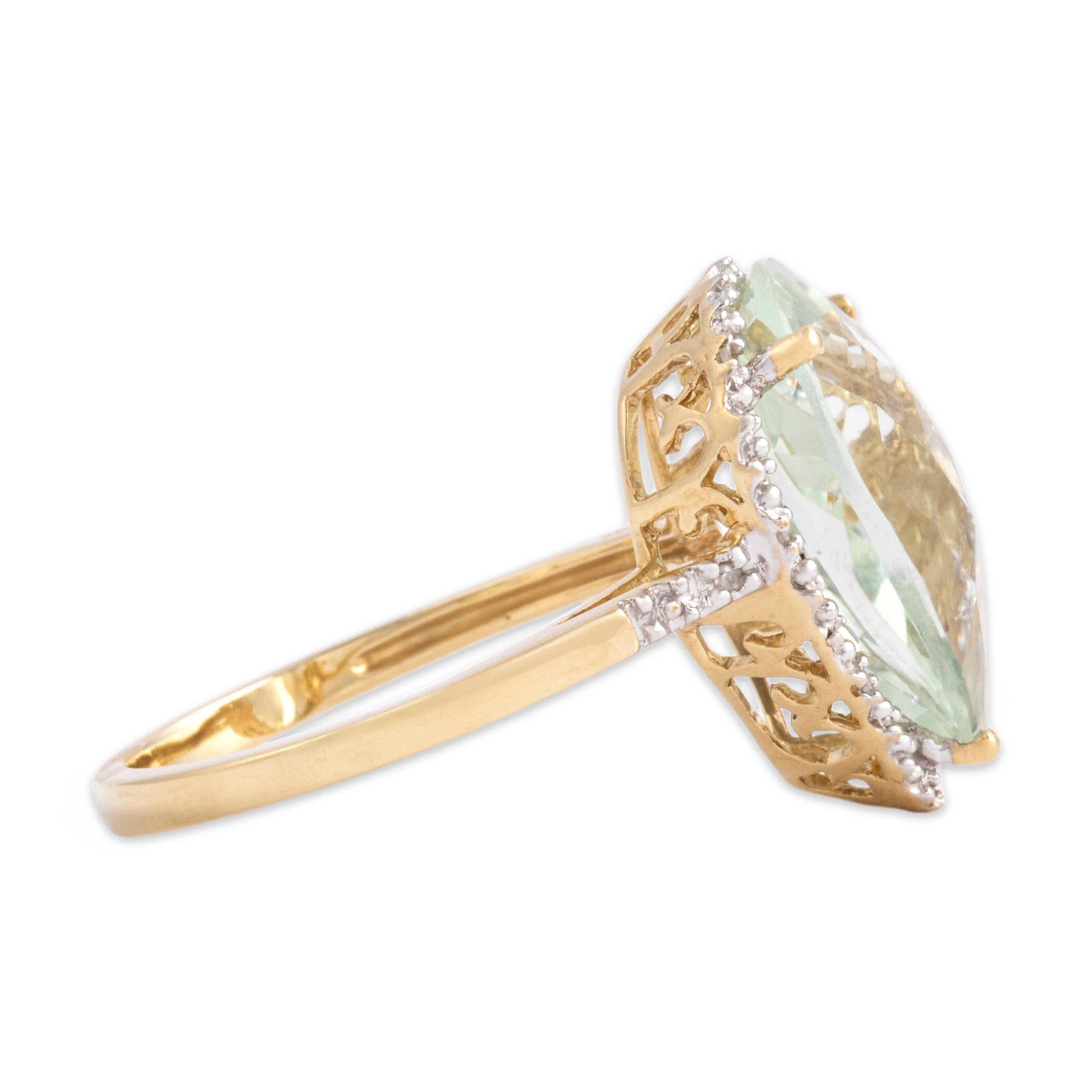 Vintage 10k Yellow & White Gold 4.67ct Prasiolite Diamond Checkerboard Pear Halo Cocktail Ring - Side view