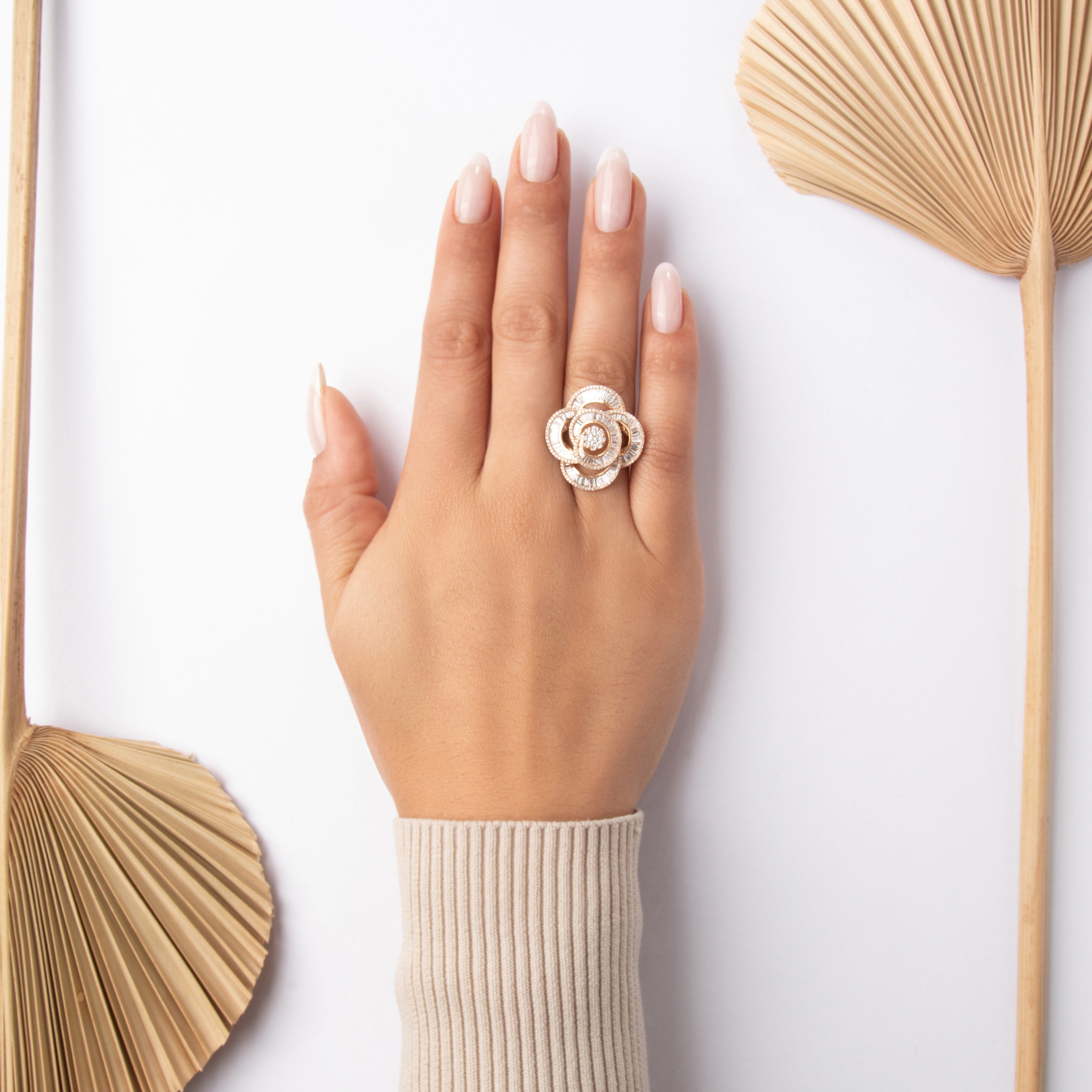 Estate Italian 18k Rose Gold [Custom Carat] Incredible Camellia Flower Cocktail Ring - On model view