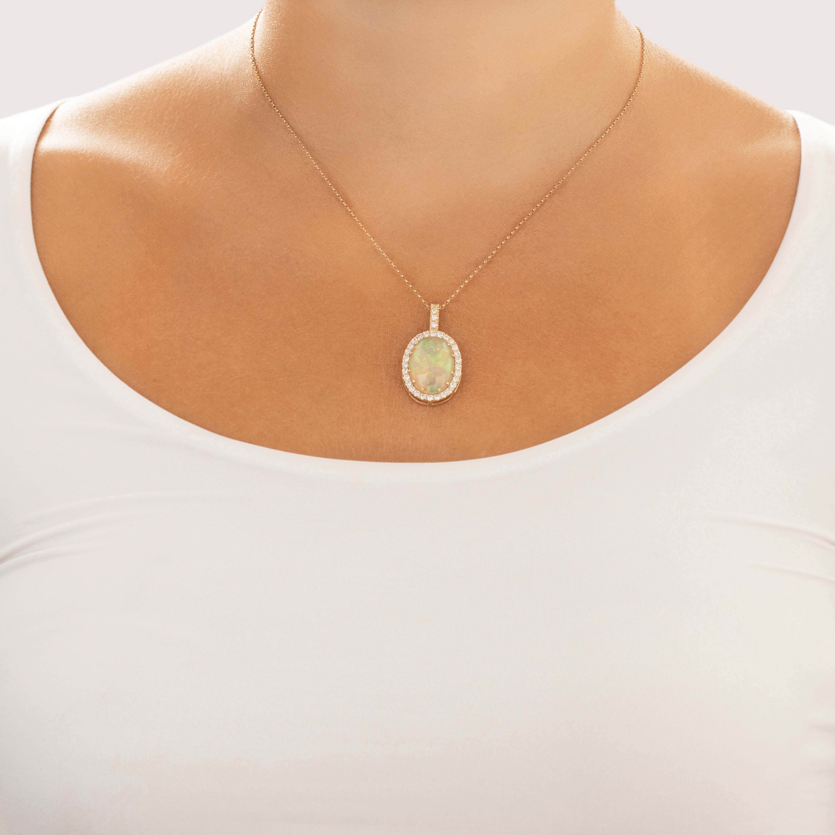 Vintage 14k Yellow Gold 8.74ct Opal .91cttw Diamond Fantastic Iridescent Cabochon Halo Statement Pendant - On model view