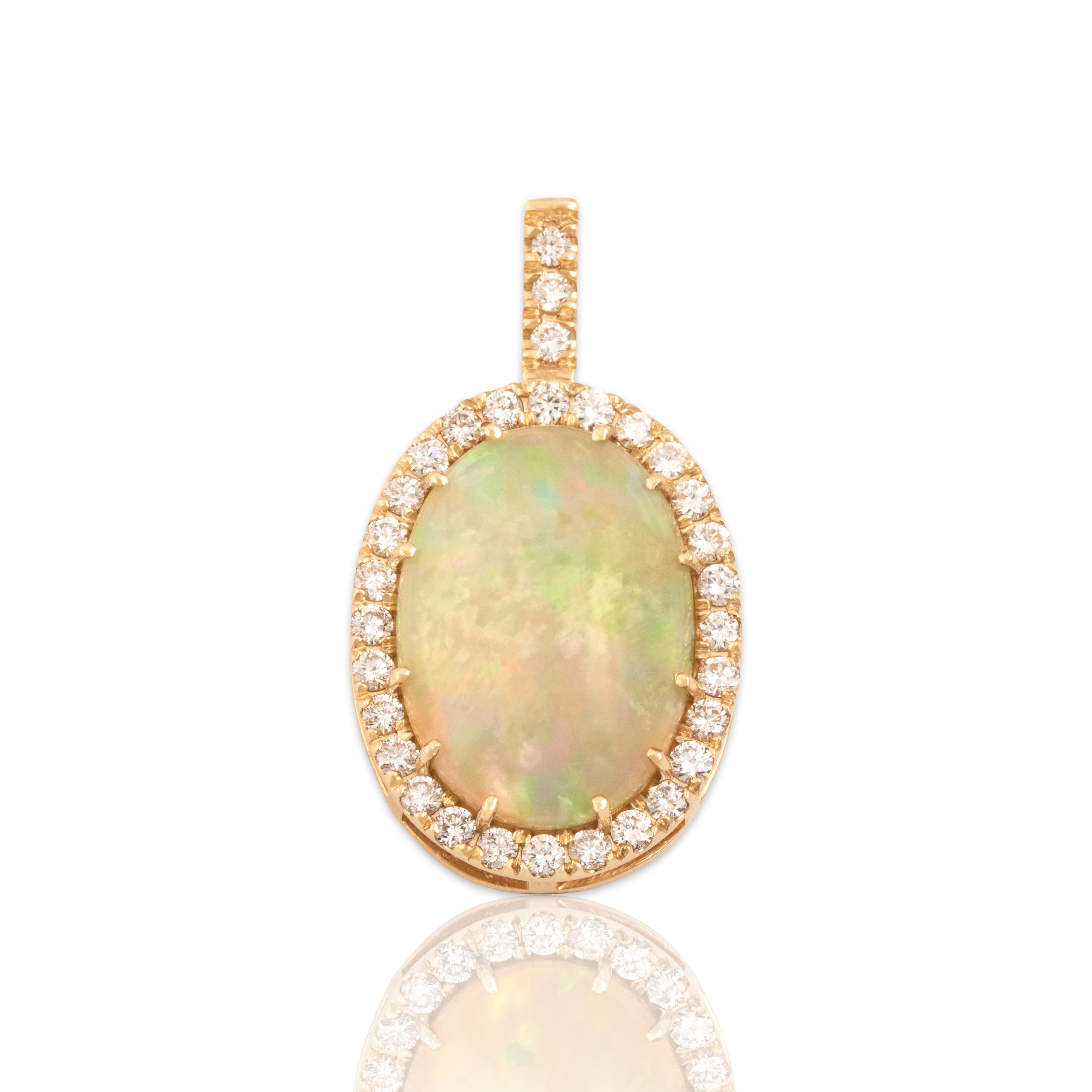 Vintage 14k Yellow Gold 8.74ct Opal .91cttw Diamond Fantastic Iridescent Cabochon Halo Statement Pendant - Close-up view