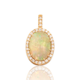 Vintage 14k Yellow Gold 8.74ct Opal .91cttw Diamond Cabochon Halo Pendant