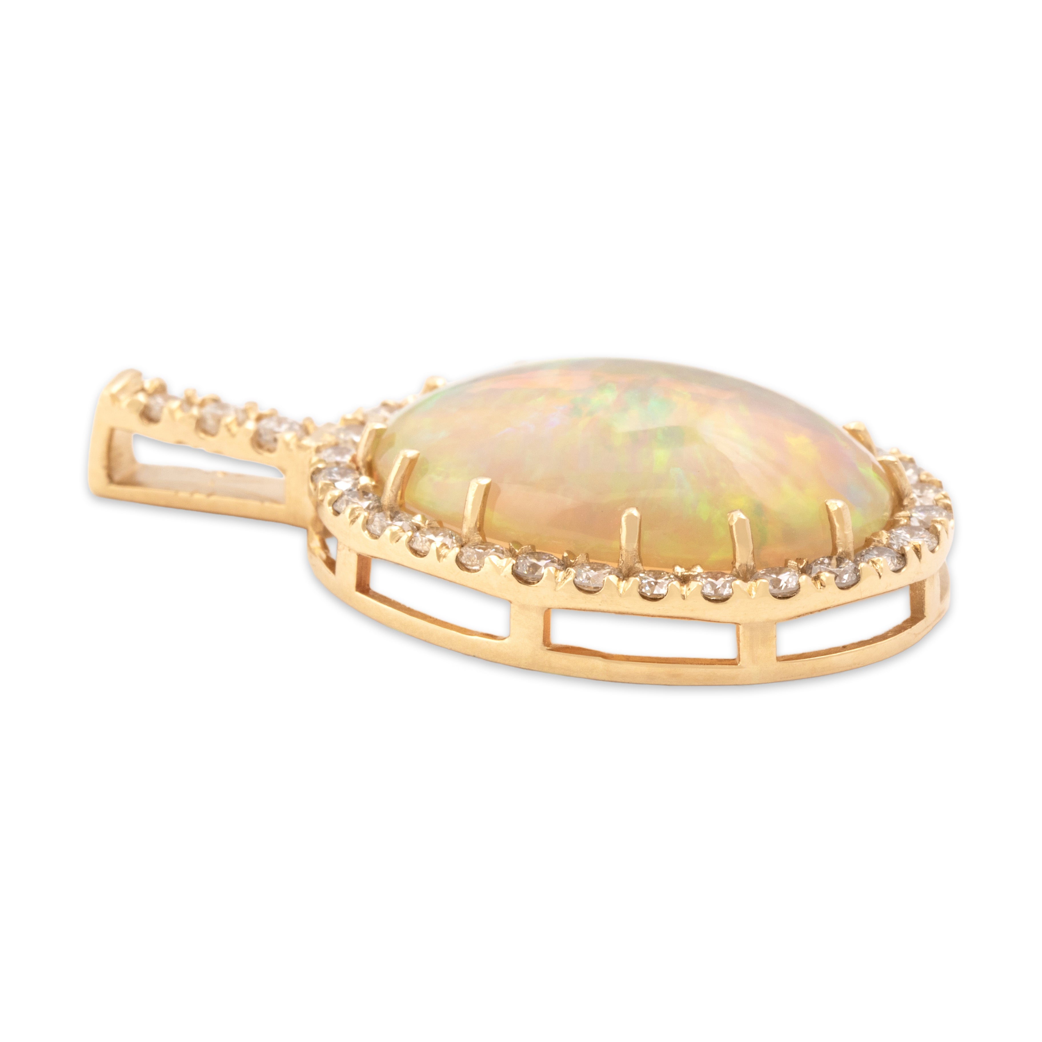 Vintage 14k Yellow Gold 8.74ct Opal .91cttw Diamond Fantastic Iridescent Cabochon Halo Statement Pendant - Side view