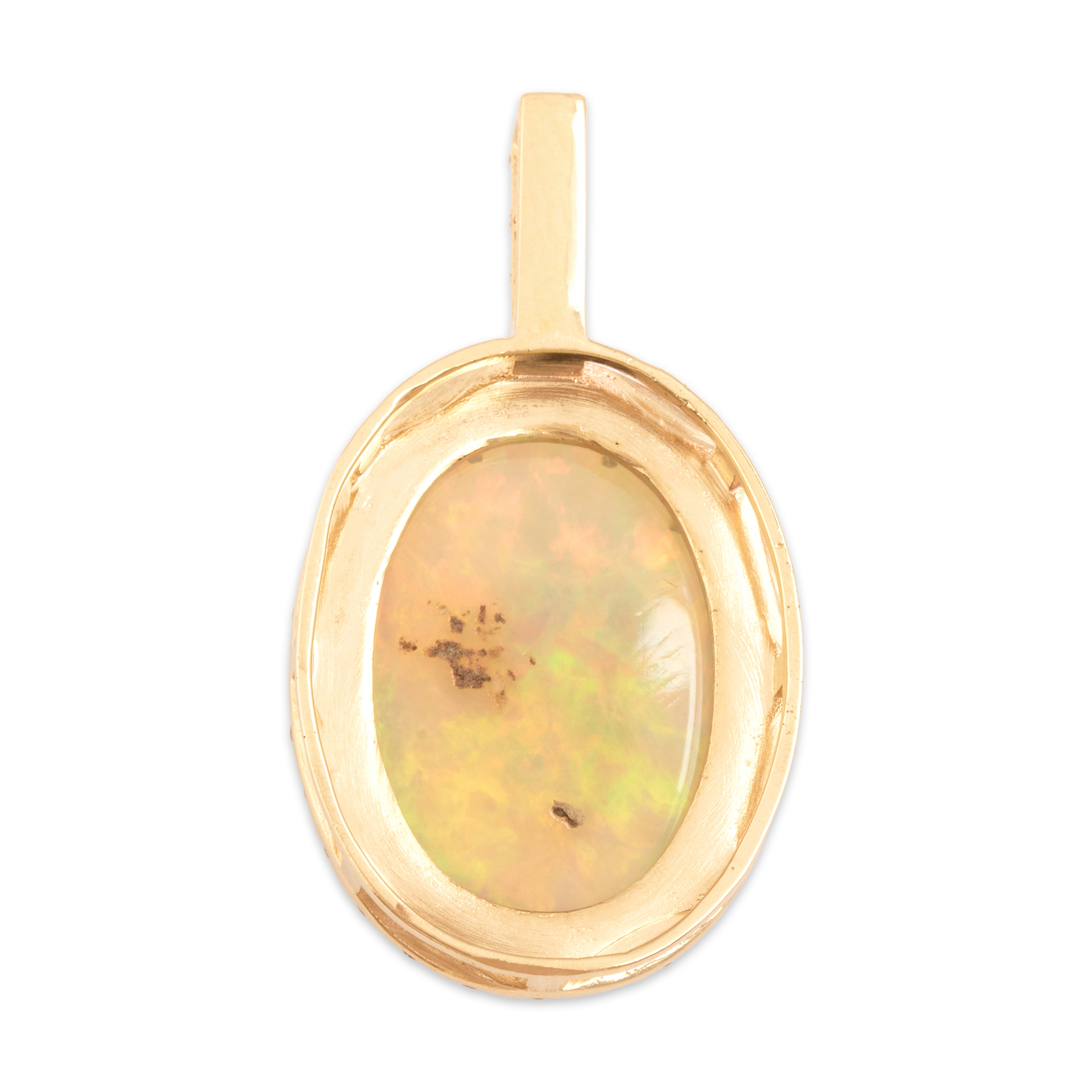 Vintage 14k Yellow Gold 8.74ct Opal .91cttw Diamond Fantastic Iridescent Cabochon Halo Statement Pendant - Back view