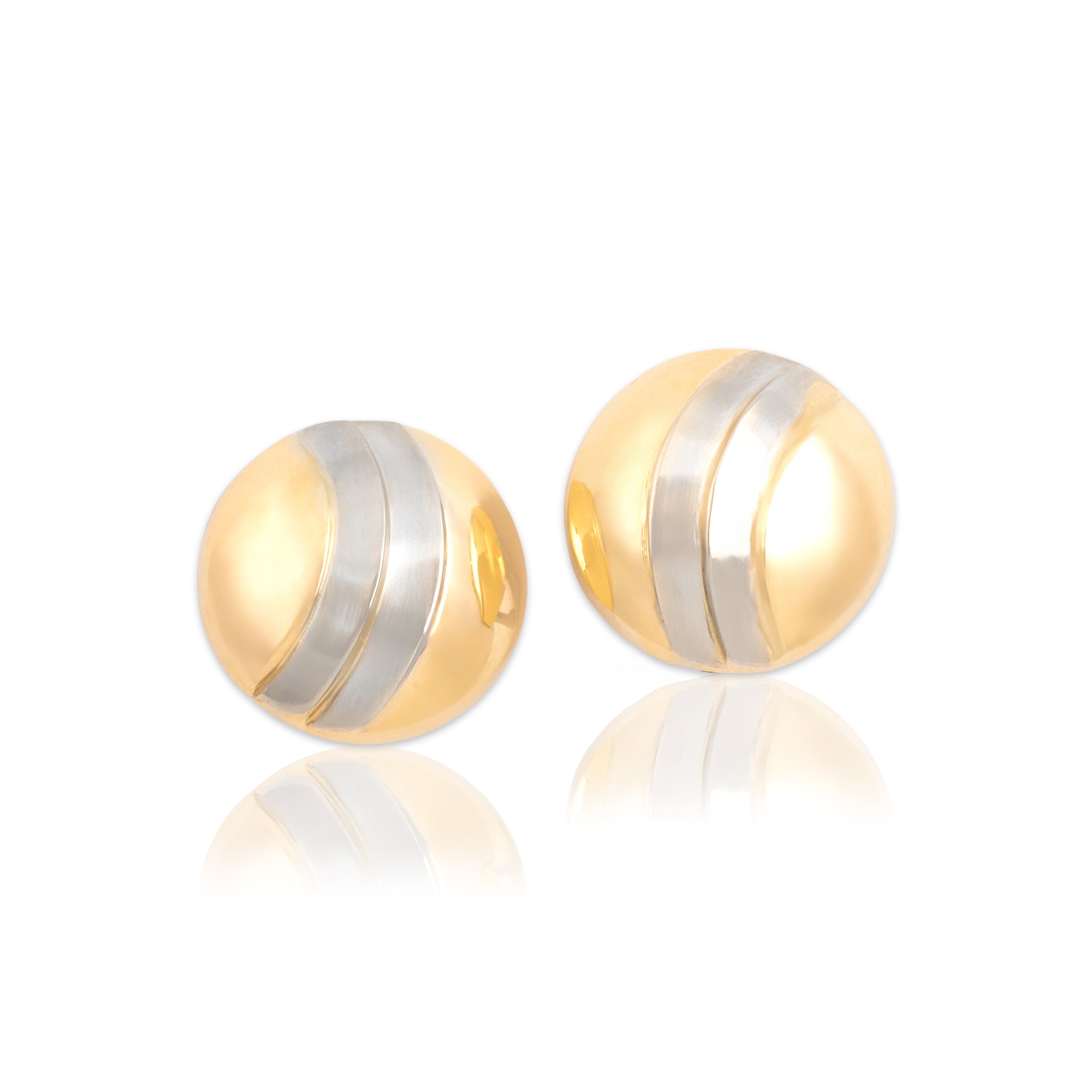 Vintage Italian 14k Yellow & White Gold Chic Swirled Dual-Finish Dome Omega Back Earrings - Close-up view
