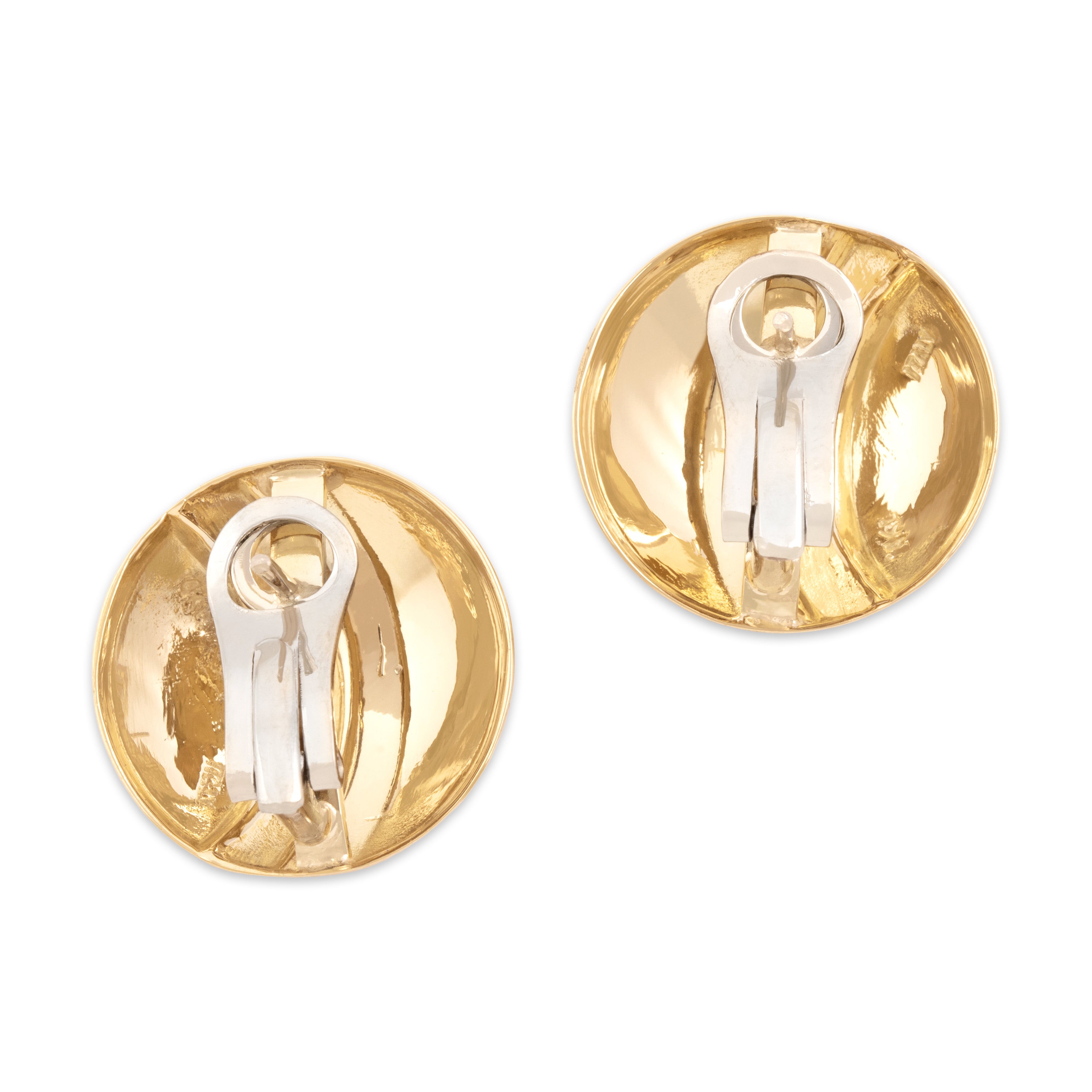 Vintage Italian 14k Yellow & White Gold Chic Swirled Dual-Finish Dome Omega Back Earrings - Back view