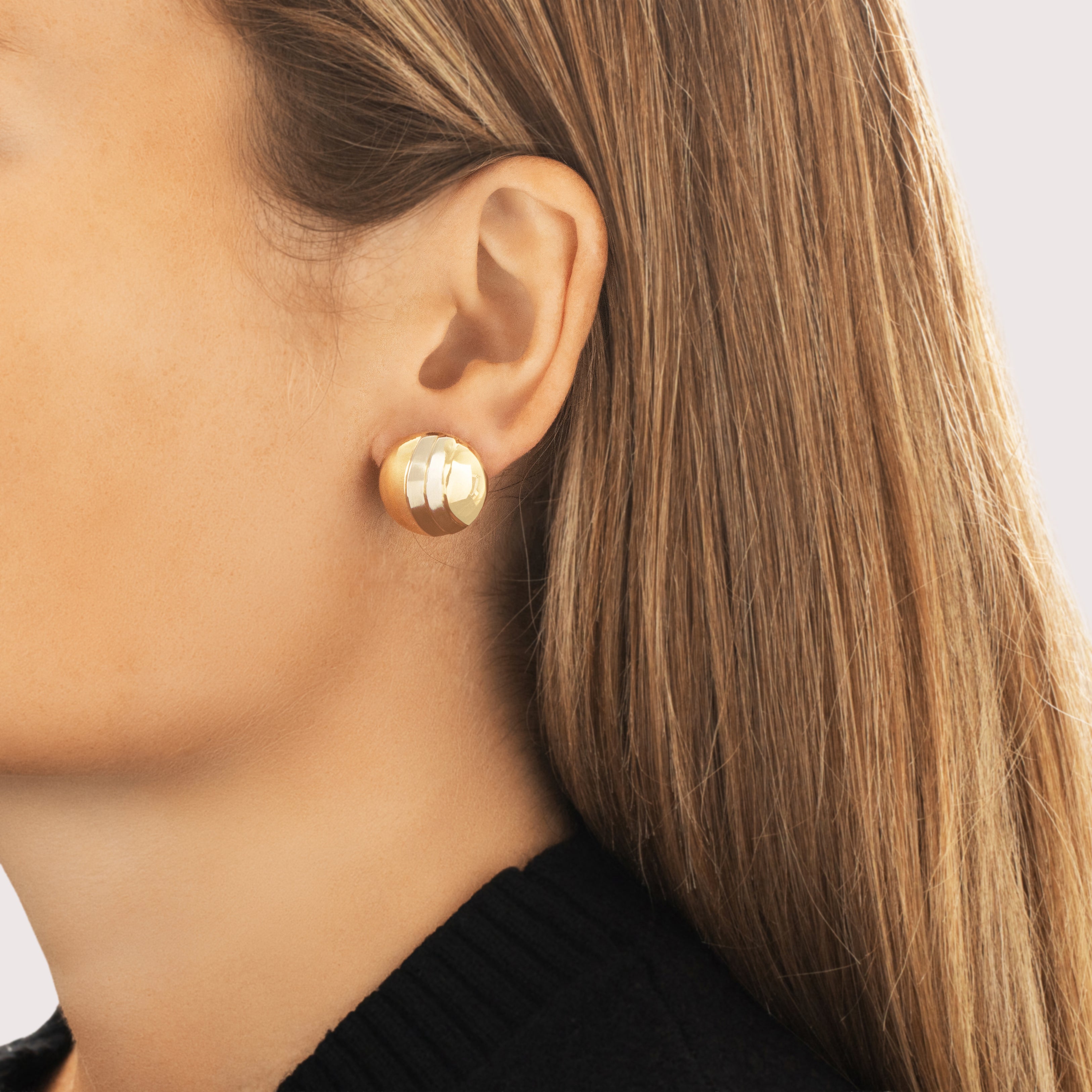 Vintage Italian 14k Yellow & White Gold Chic Swirled Dual-Finish Dome Omega Back Earrings - On model view