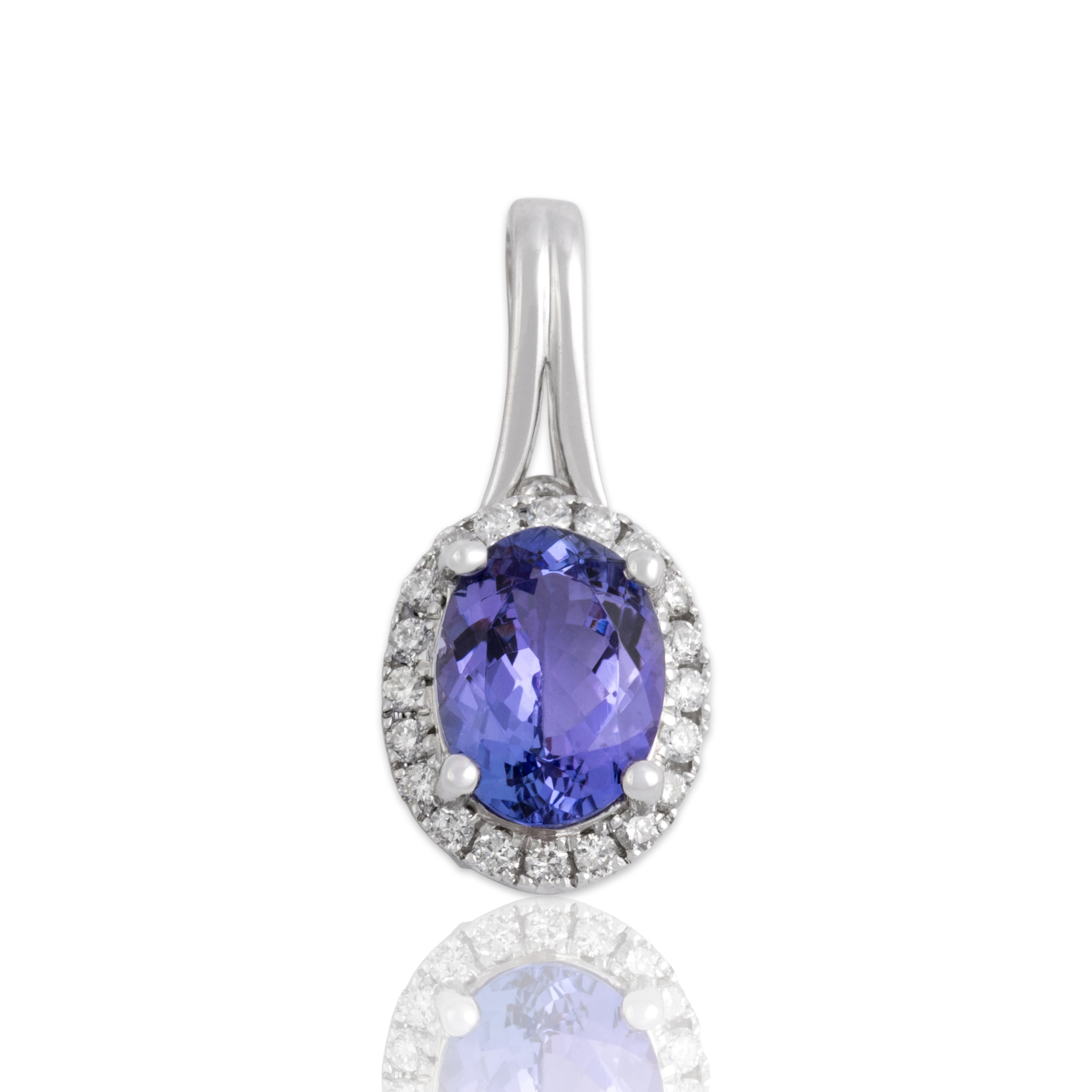 Vintage 14k White Gold 1.16ct Tanzanite Diamond Vibrant Oval Halo Pendant - Close-up view