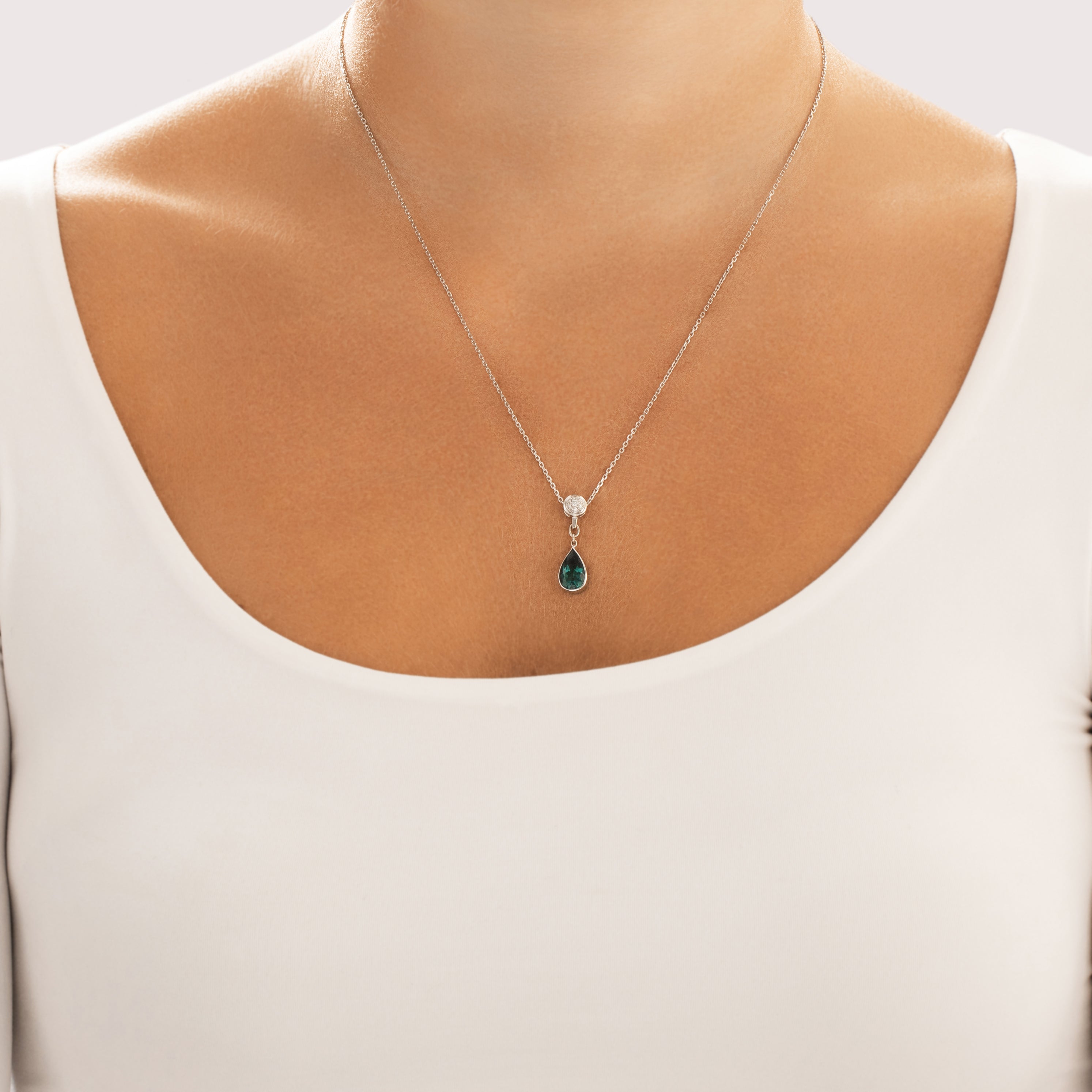 Vintage 14k White Gold 1.9ct Teal Tourmaline Diamond Raindrop Dangle Slide Pendant - On model view