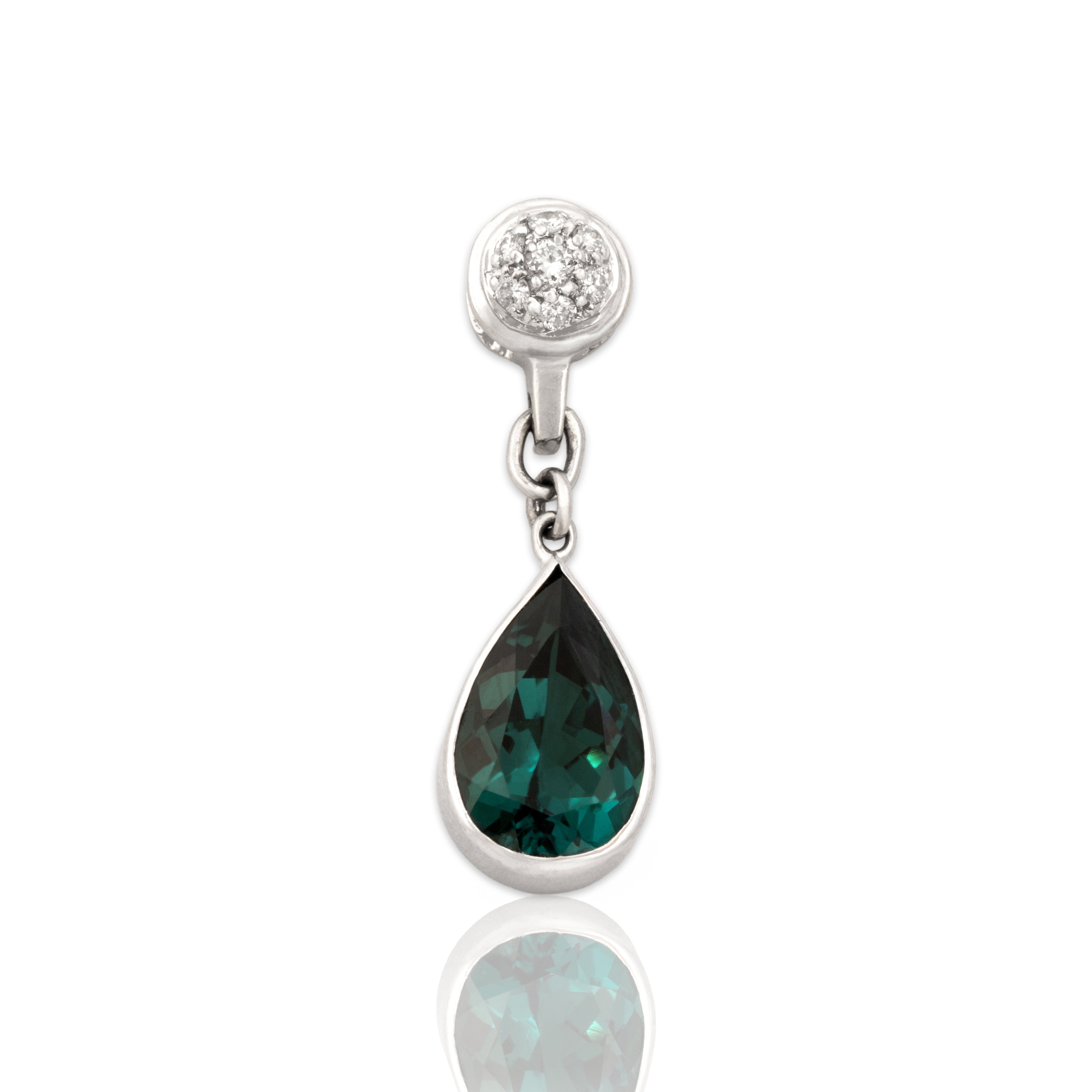 Vintage 14k White Gold 1.9ct Teal Tourmaline Diamond Raindrop Dangle Slide Pendant - Close-up view