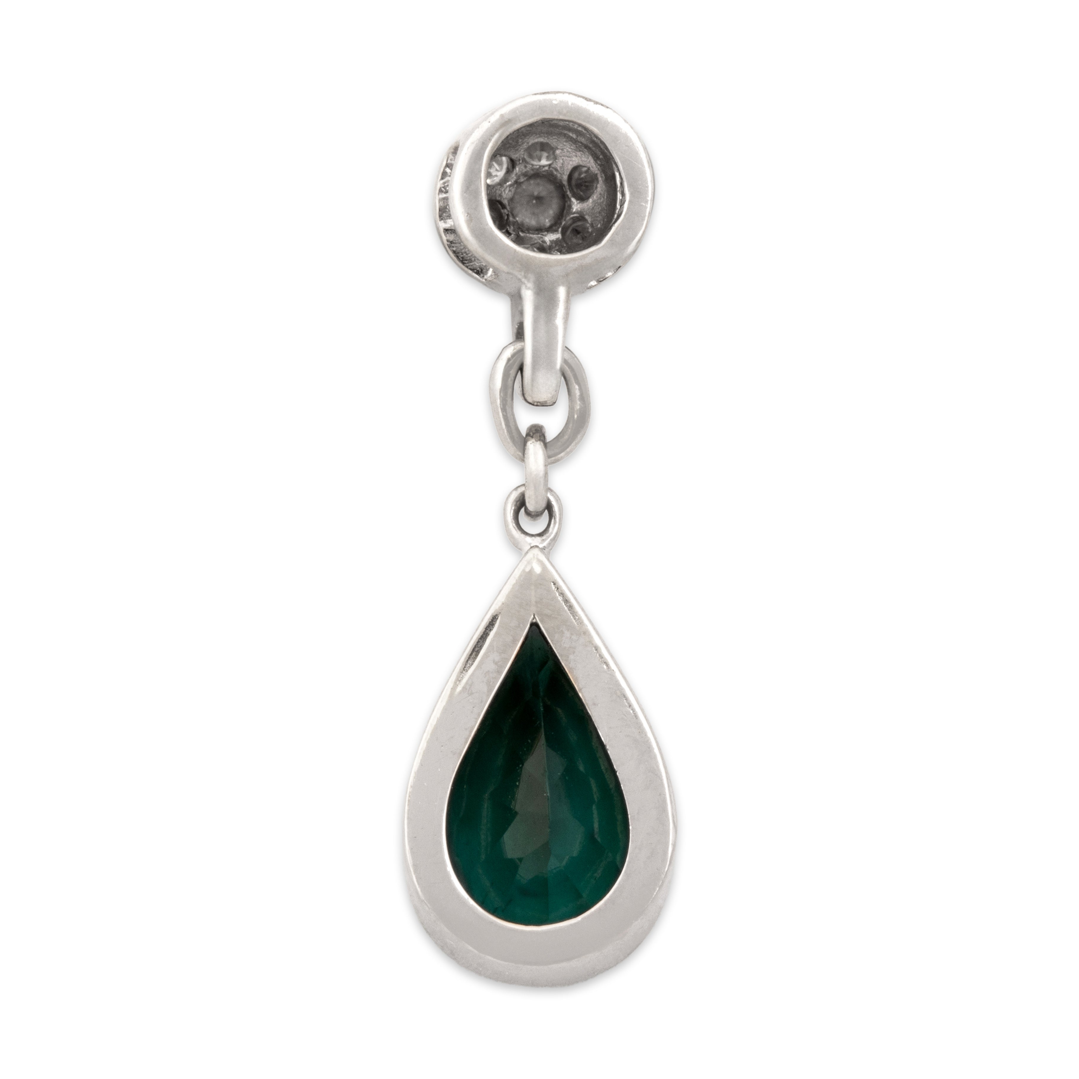 Vintage 14k White Gold 1.9ct Teal Tourmaline Diamond Raindrop Dangle Slide Pendant - Back view