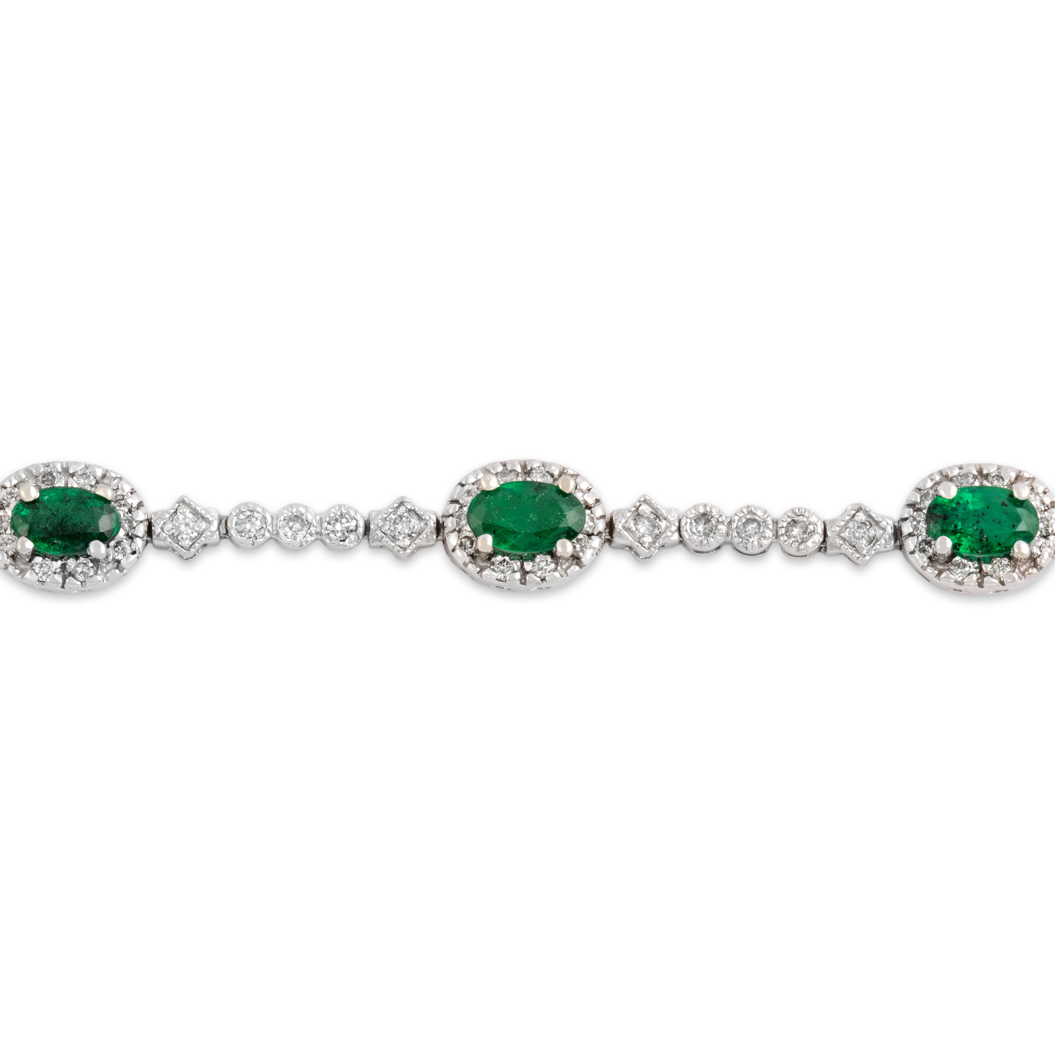 Vintage 14k White Gold 1.59cttw Emerald .62cttw Diamond Elegant Oval Halo Geometric Link Bracelet - Close-up view