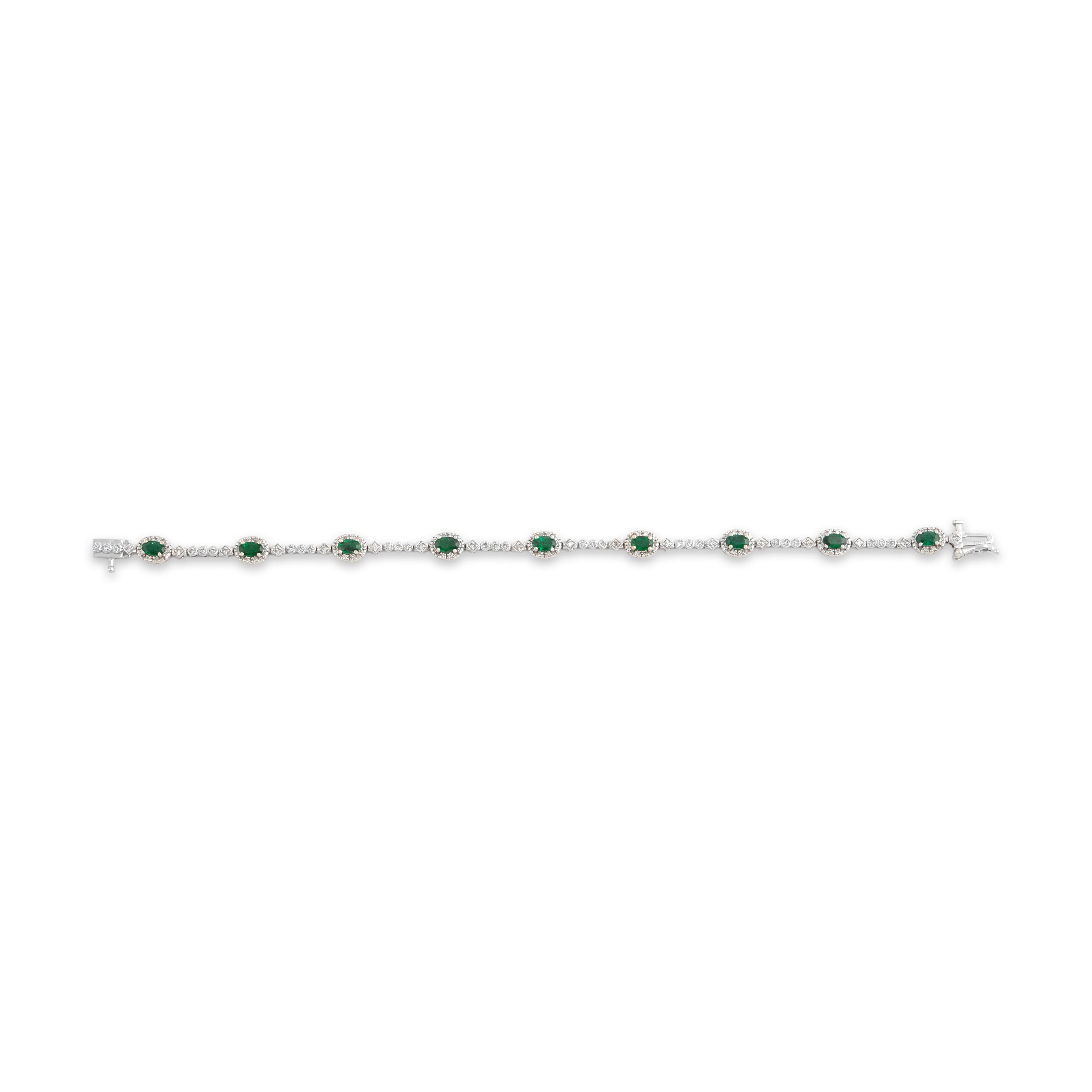 Vintage 14k White Gold 1.59cttw Emerald .62cttw Diamond Elegant Oval Halo Geometric Link Bracelet - Overall view