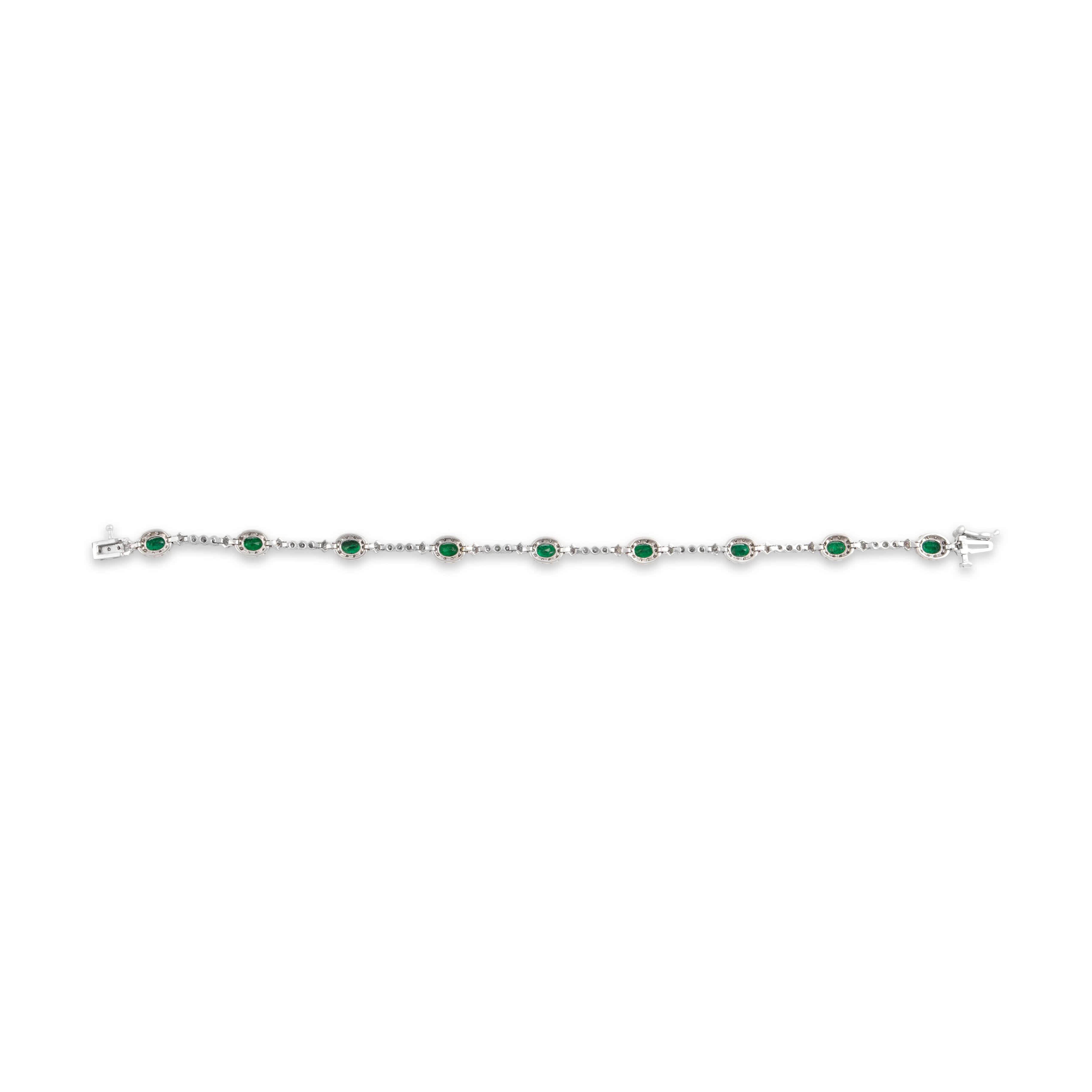 Vintage 14k White Gold 1.59cttw Emerald .62cttw Diamond Elegant Oval Halo Geometric Link Bracelet - Back view