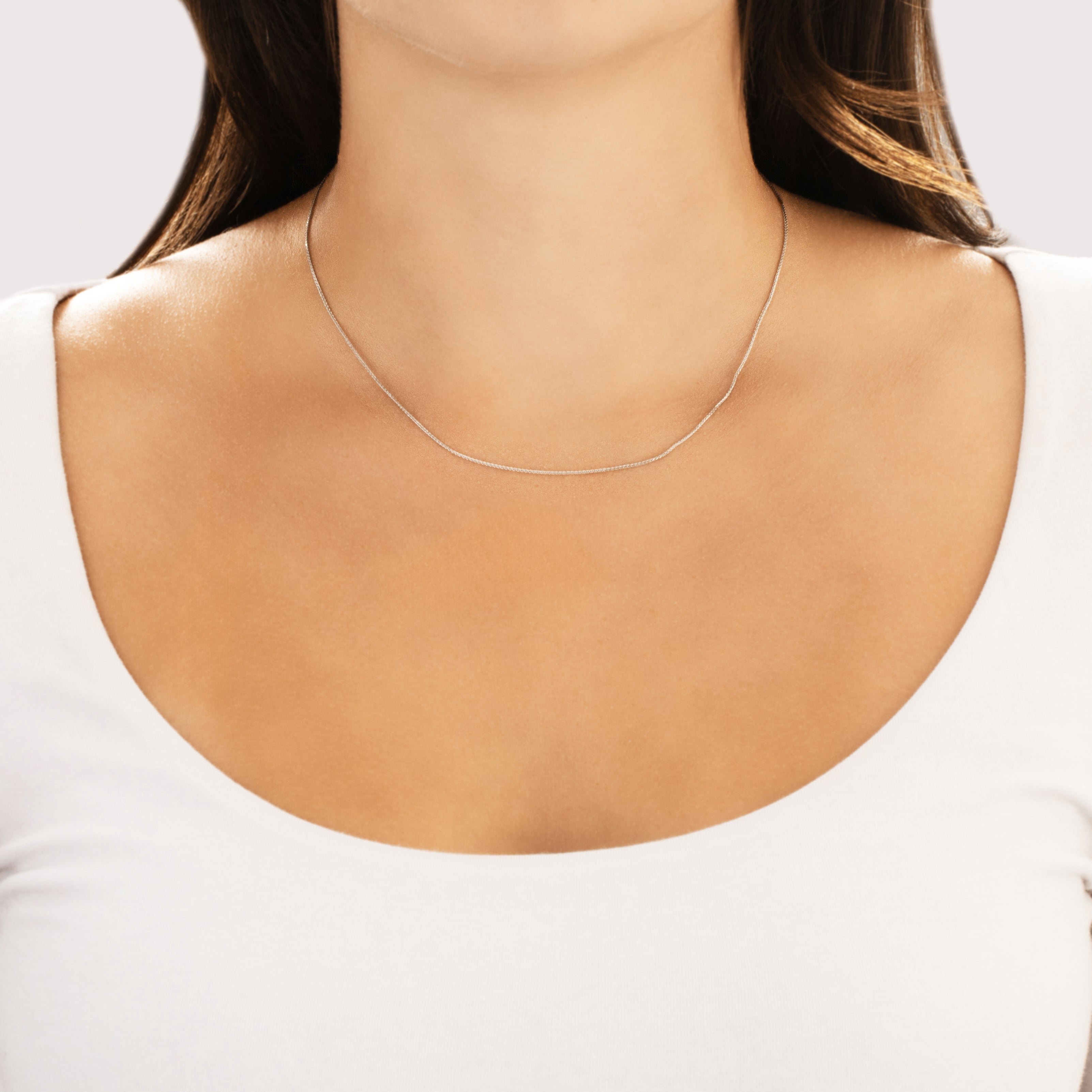 Vintage Italian 14k White Gold .8mm Sleek Dainty Wheat Chain - On model view
