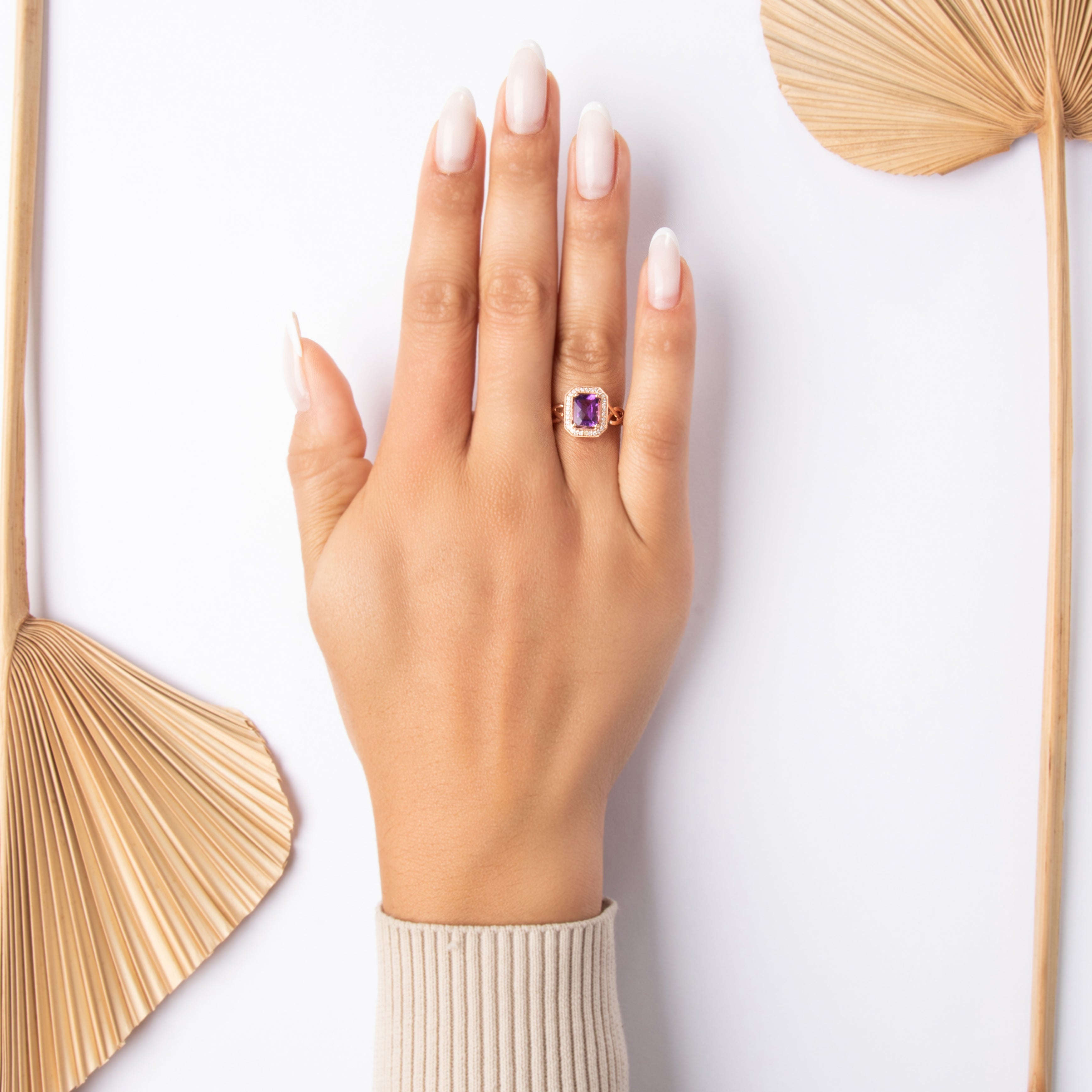 Estate 14k Rose Gold 1.17ct Amethyst Diamond Braided Shoulder Checkerboard Ring - On model view