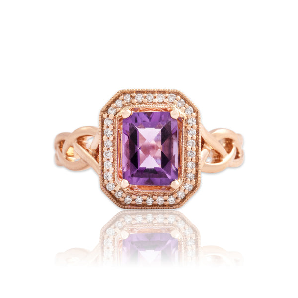 Estate 14k Rose Gold 1.17ct Amethyst Diamond Checkerboard Ring 7.00