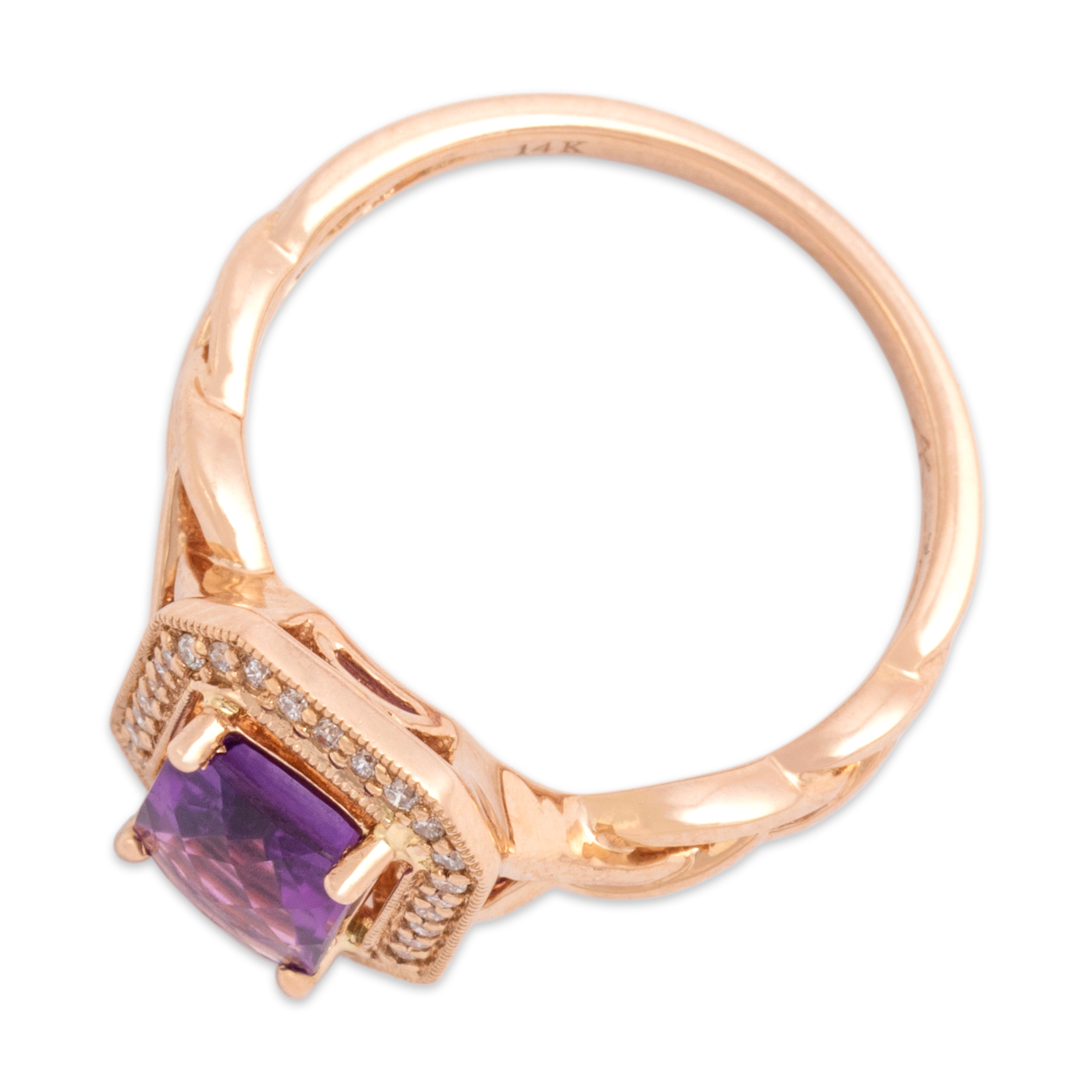 Estate 14k Rose Gold 1.17ct Amethyst Diamond Braided Shoulder Checkerboard Ring - Overall view