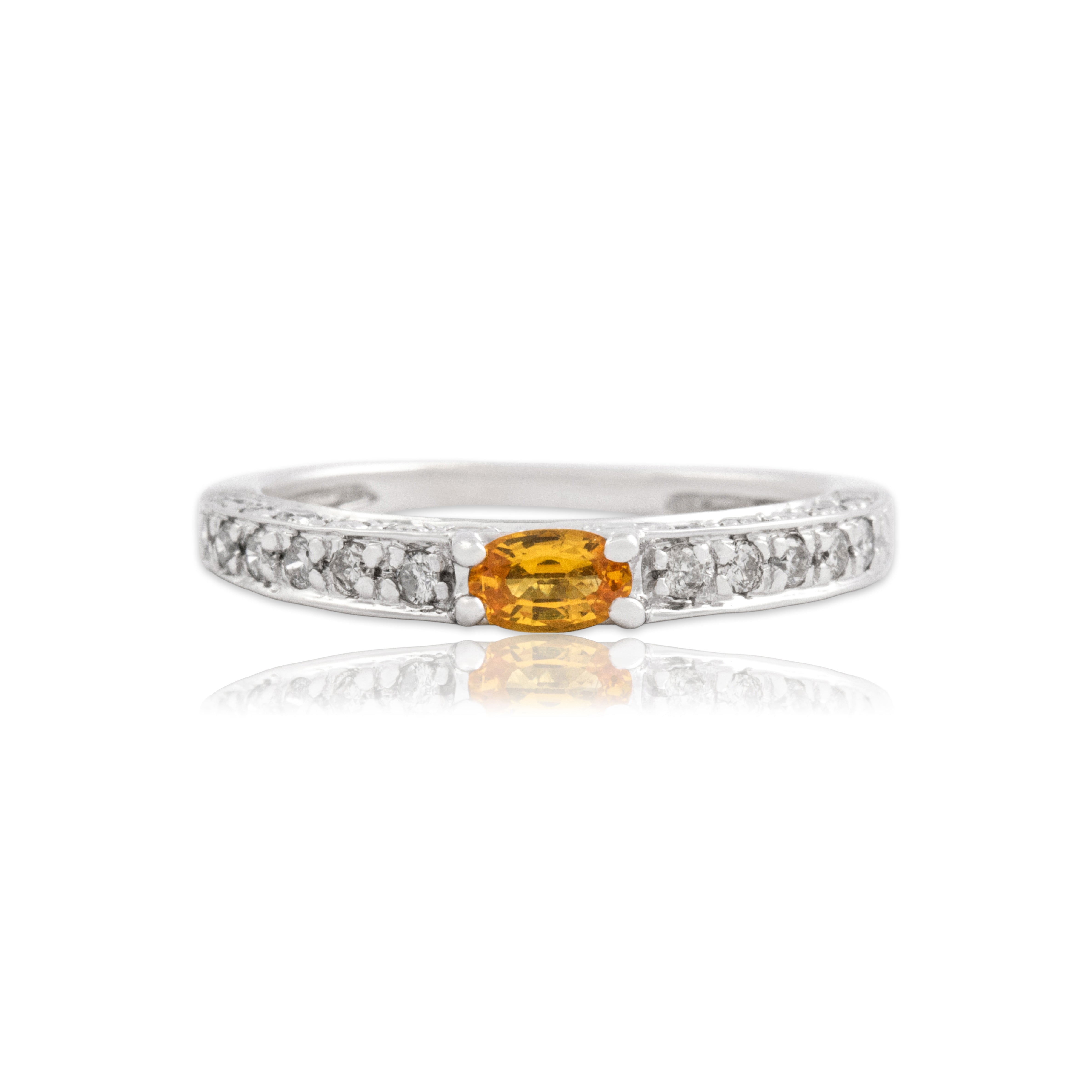 Vintage 14k White Gold Diamond Orange-Yellow Sapphire Dazzling East-West Oval Ring - Close-up view