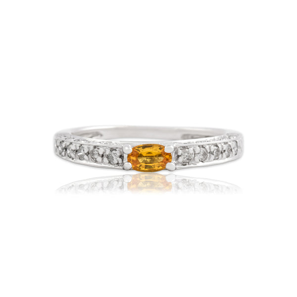 Vintage 14k White Gold Diamond Orange-Yellow Sapphire Dazzling East-West Oval Ring 6.50