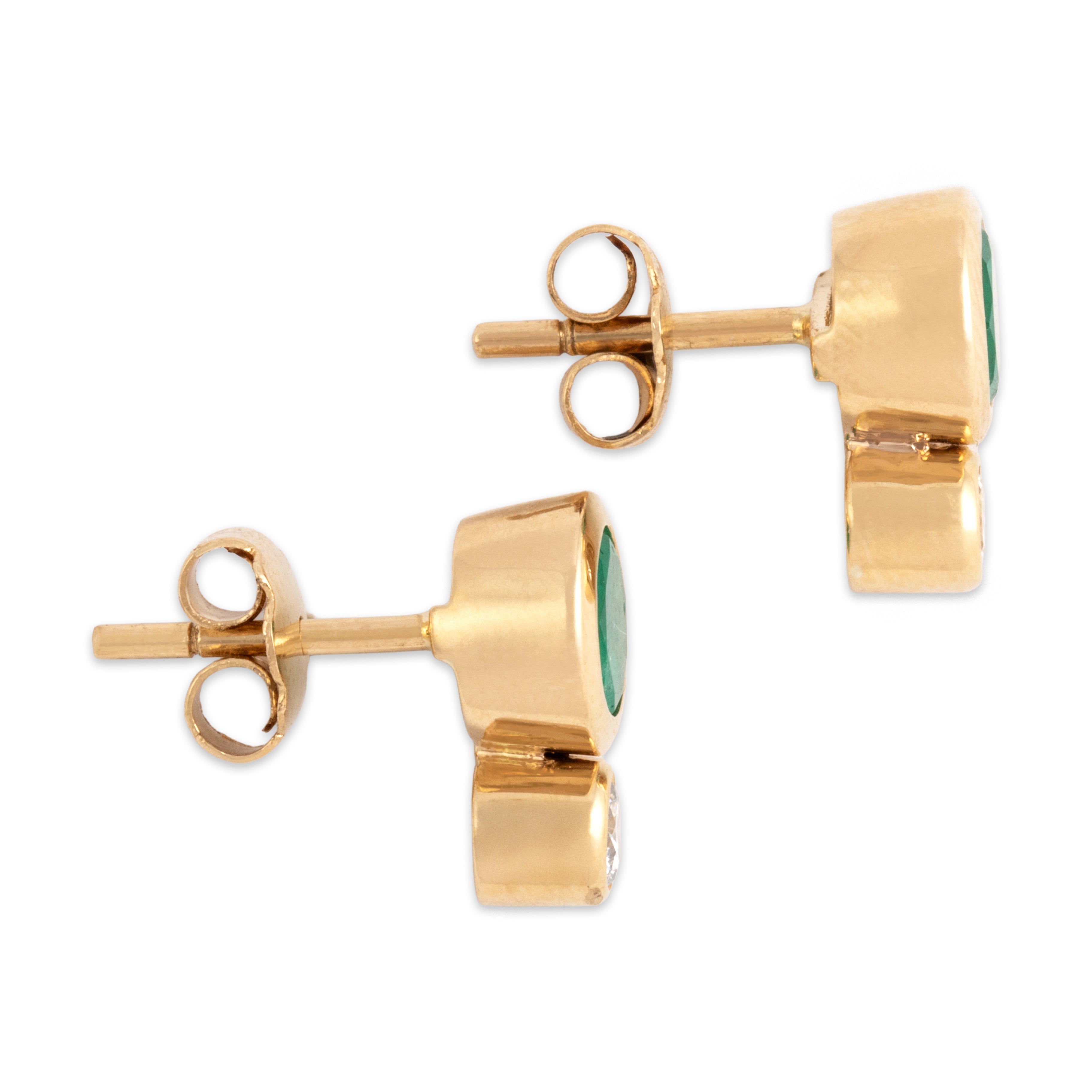 Vintage 18k Yellow Gold 1.72cttw Emerald Diamond Fabulous Vibrant Bezel-Set Duo Stud Earrings - Side view
