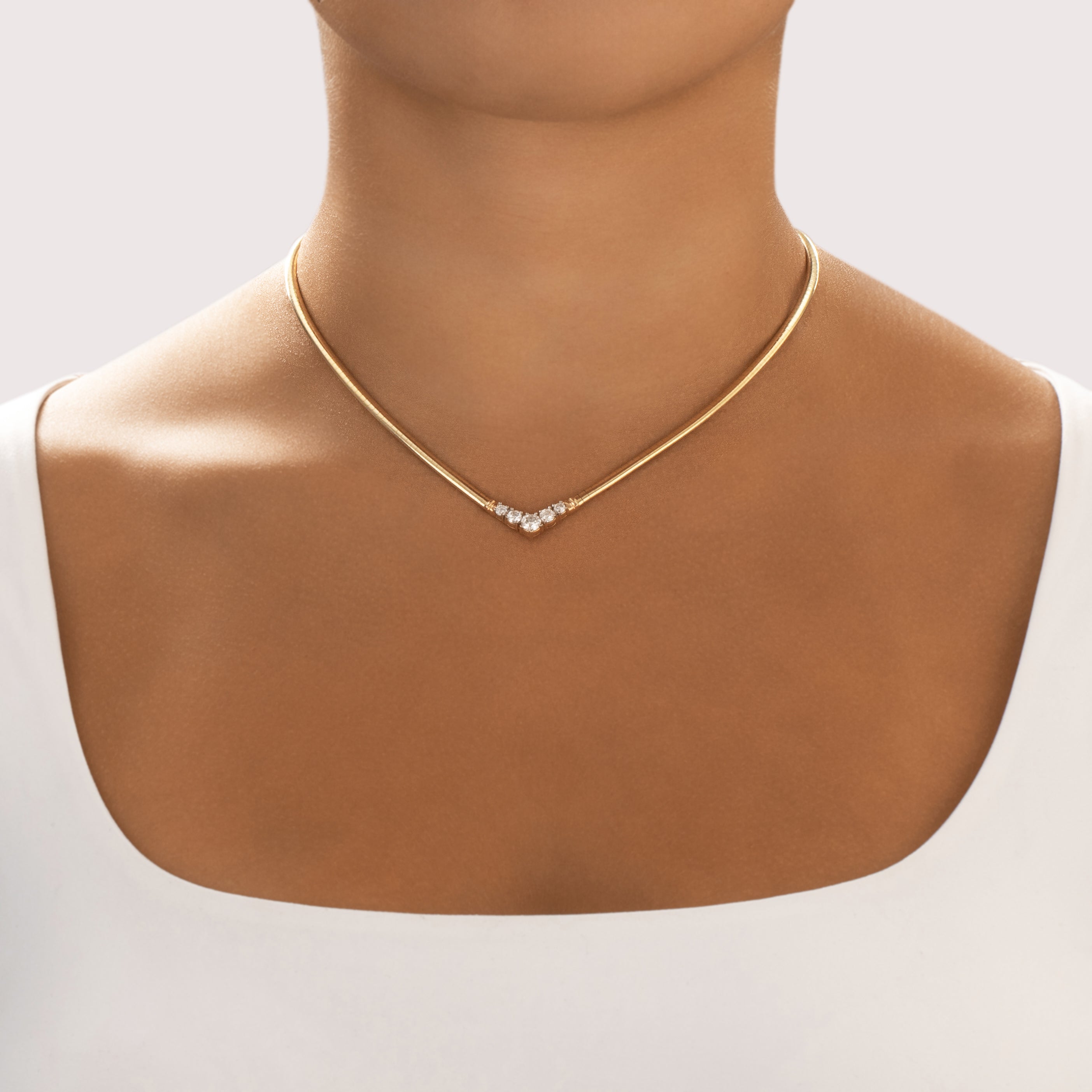 Vintage 14k Yellow Gold .88cttw Diamond Sleek Dazzling Chevron Necklace - On model view