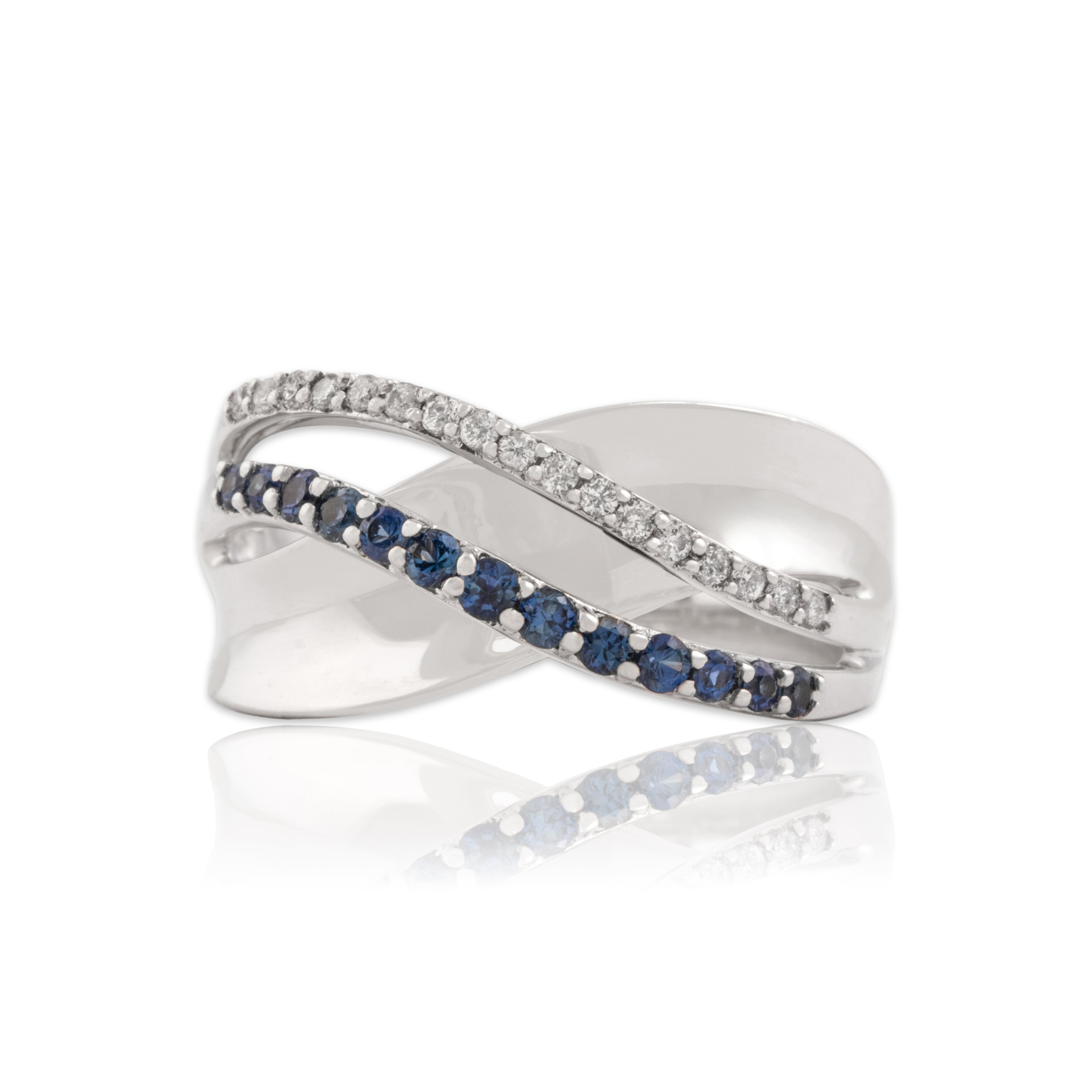 Vintage 14k White Gold Blue Sapphire Diamond Double Row Open Crossover Ring - Close-up view
