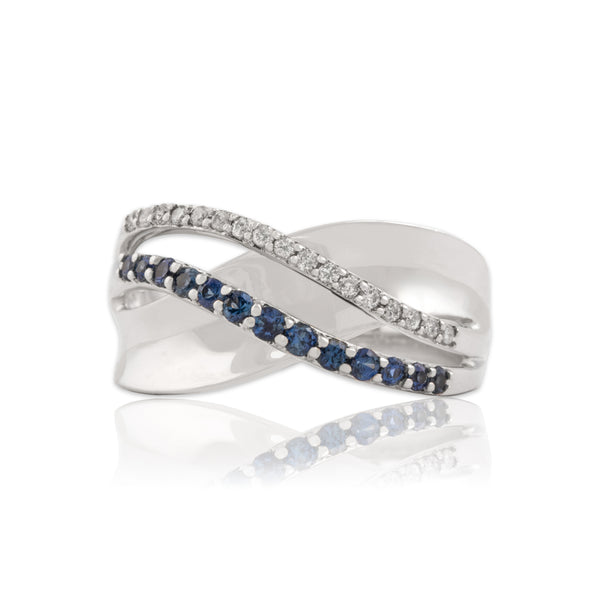 Vintage 14k White Gold Blue Sapphire Diamond Double Row Open Crossover Ring 6.50
