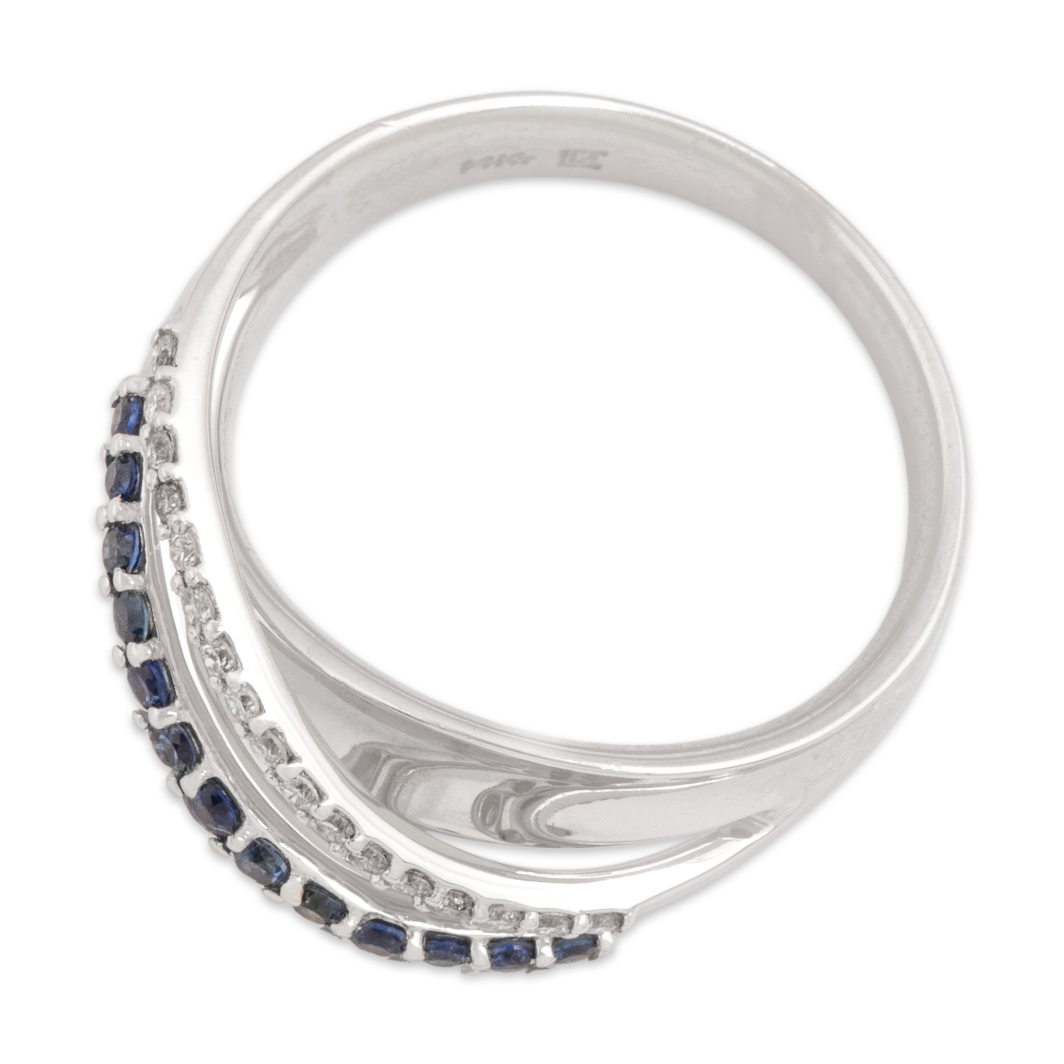 Vintage 14k White Gold Blue Sapphire Diamond Double Row Open Crossover Ring - Overall view