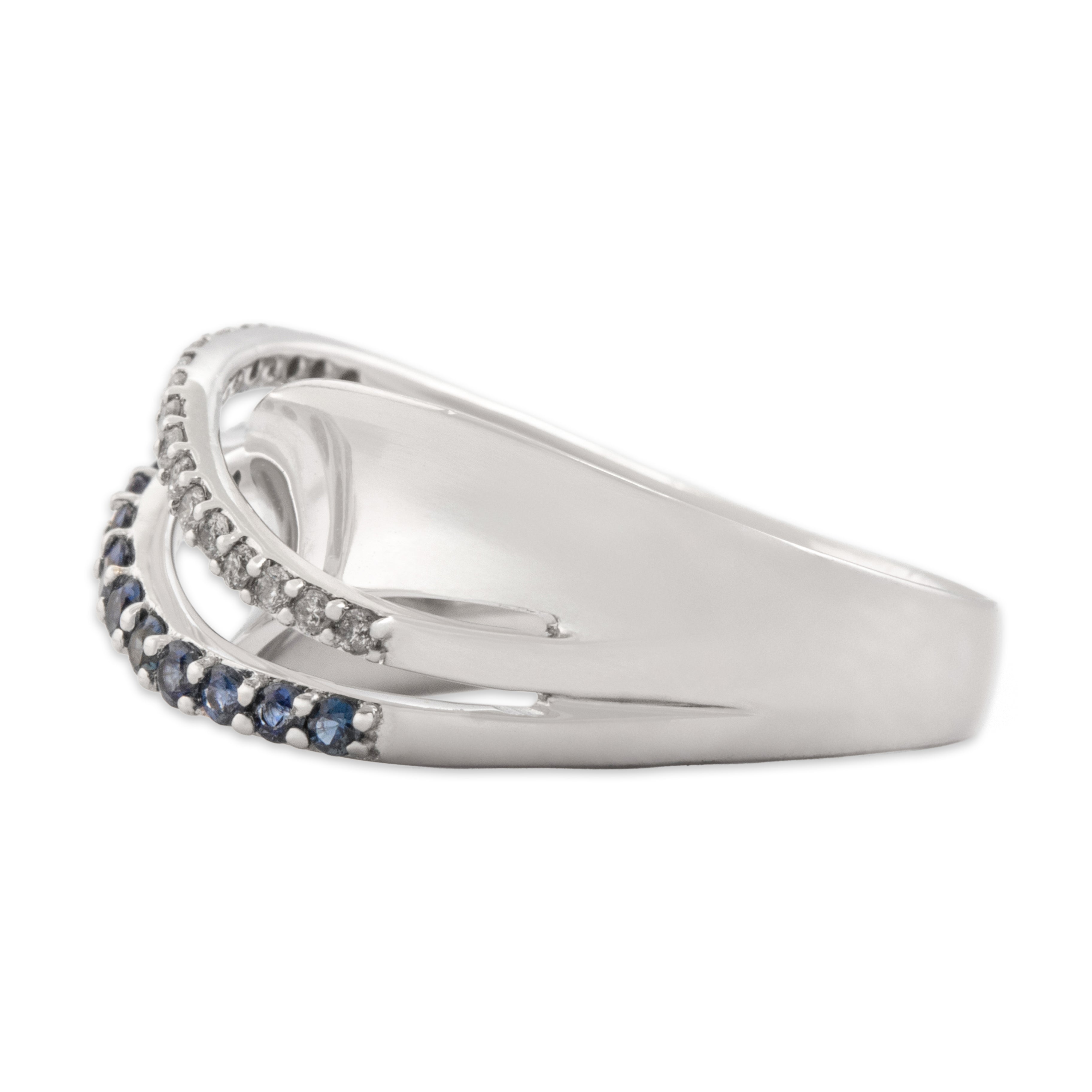 Vintage 14k White Gold Blue Sapphire Diamond Double Row Open Crossover Ring 6.50