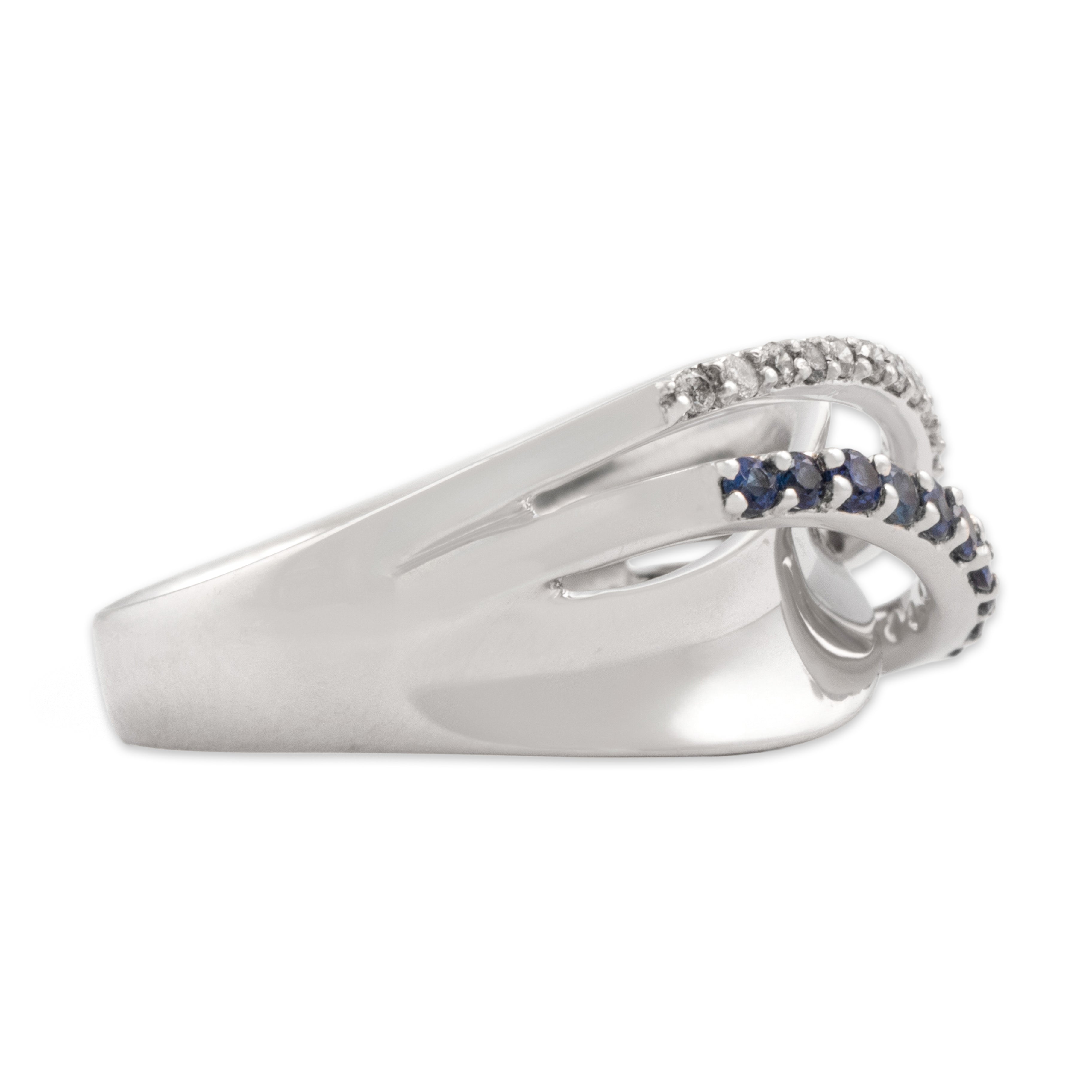 Vintage 14k White Gold Blue Sapphire Diamond Double Row Open Crossover Ring - Side view