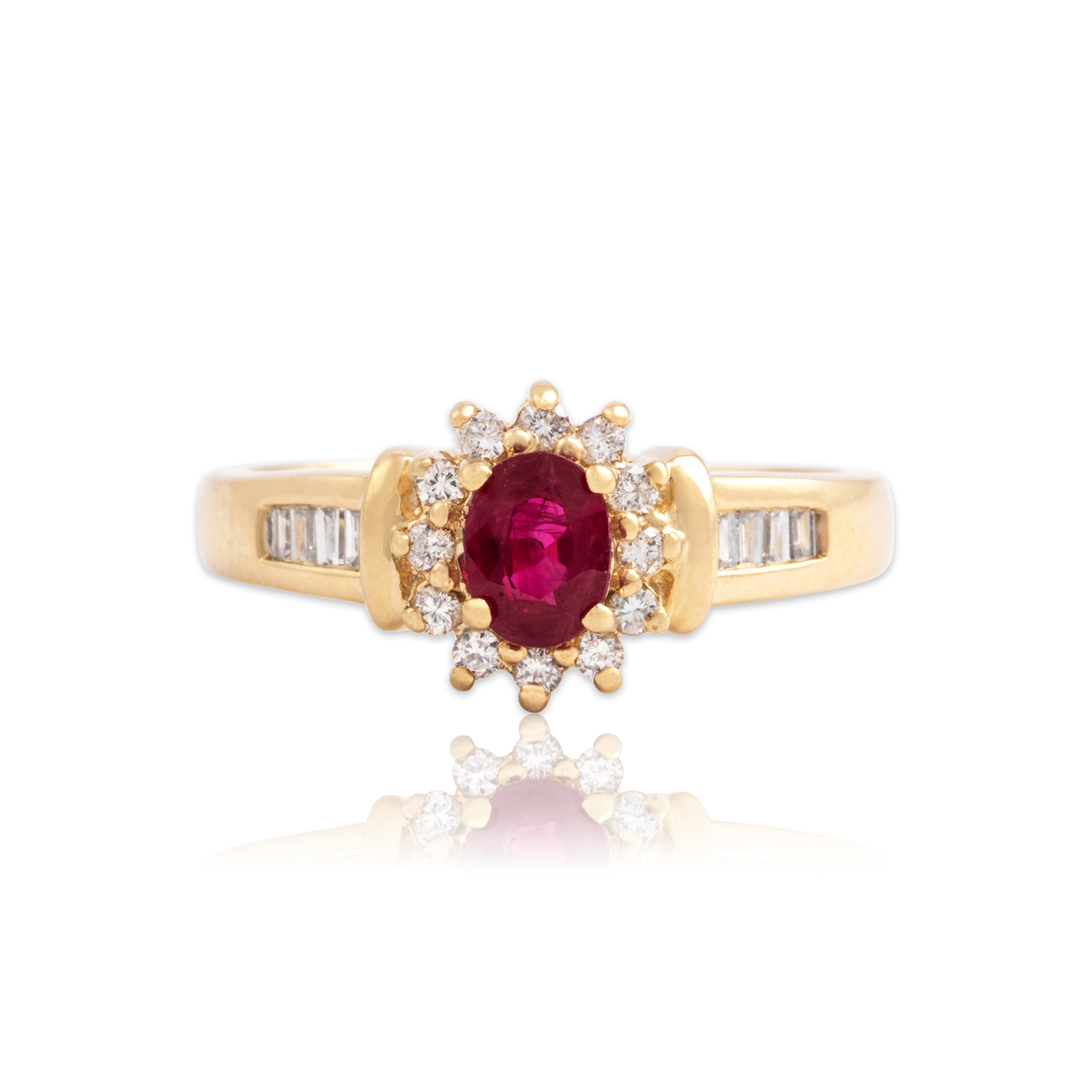 Vintage 14k Yellow Gold Ruby Diamond Channel Accented Oval Halo Ring - Close-up view