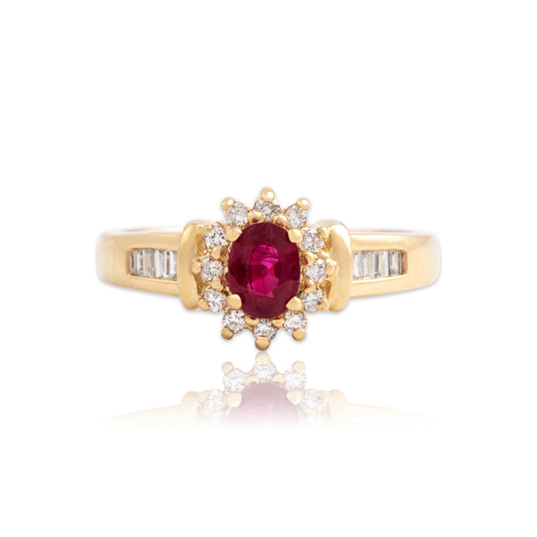 Vintage 14k Yellow Gold Ruby Diamond Channel Accented Oval Halo Ring 5.75