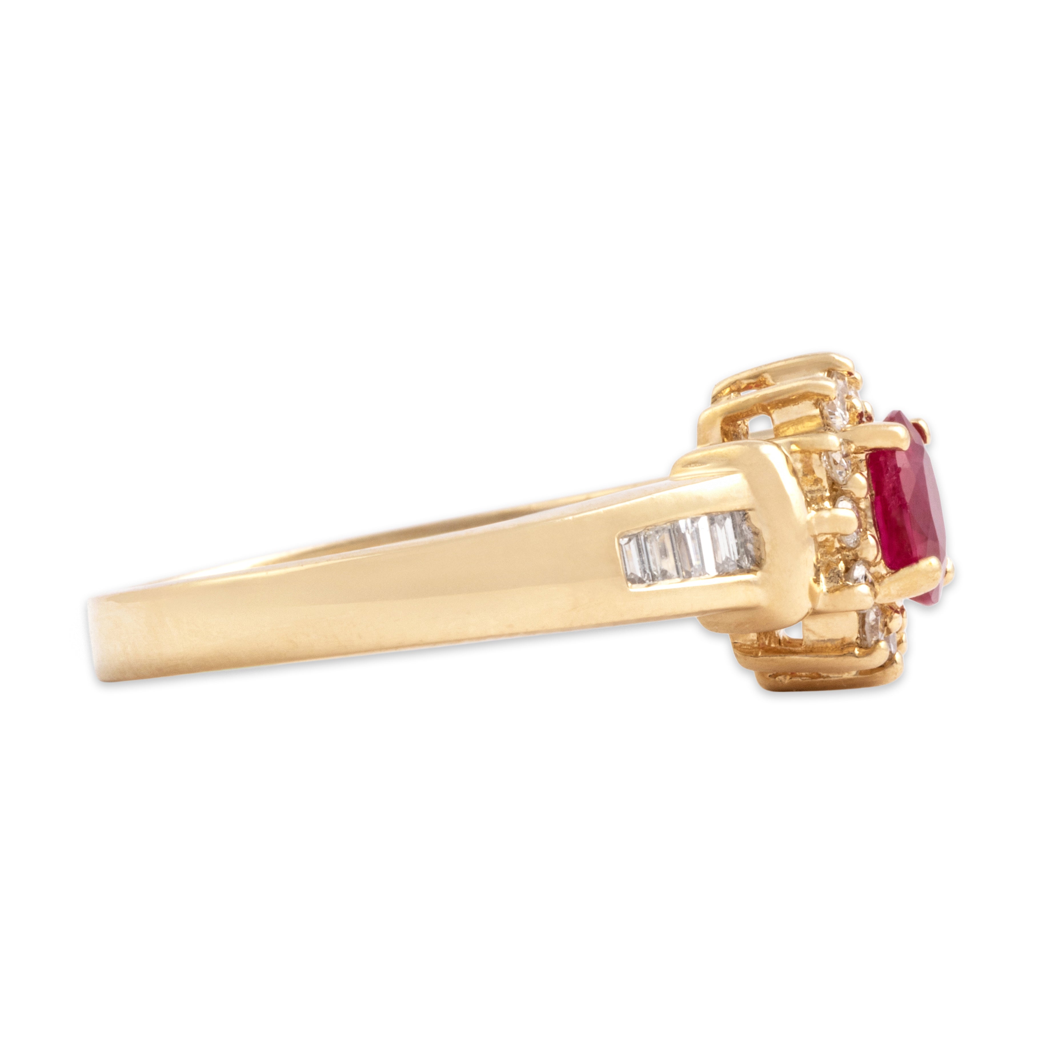 Vintage 14k Yellow Gold Ruby Diamond Channel Accented Oval Halo Ring - Side view