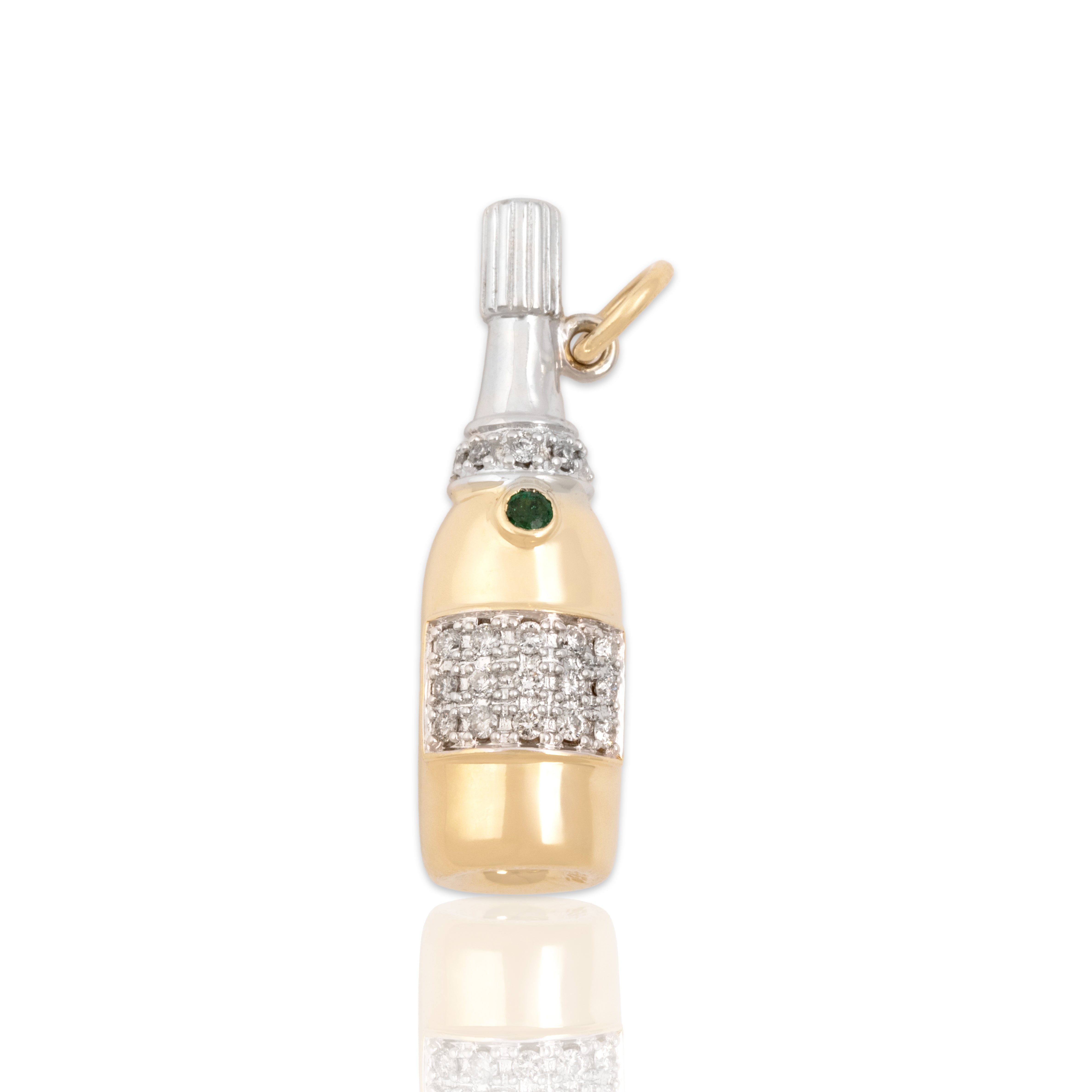 Vintage 14k Yellow & White Gold Diamond Emerald Champagne Bottle Charm / Pendant - Close-up view