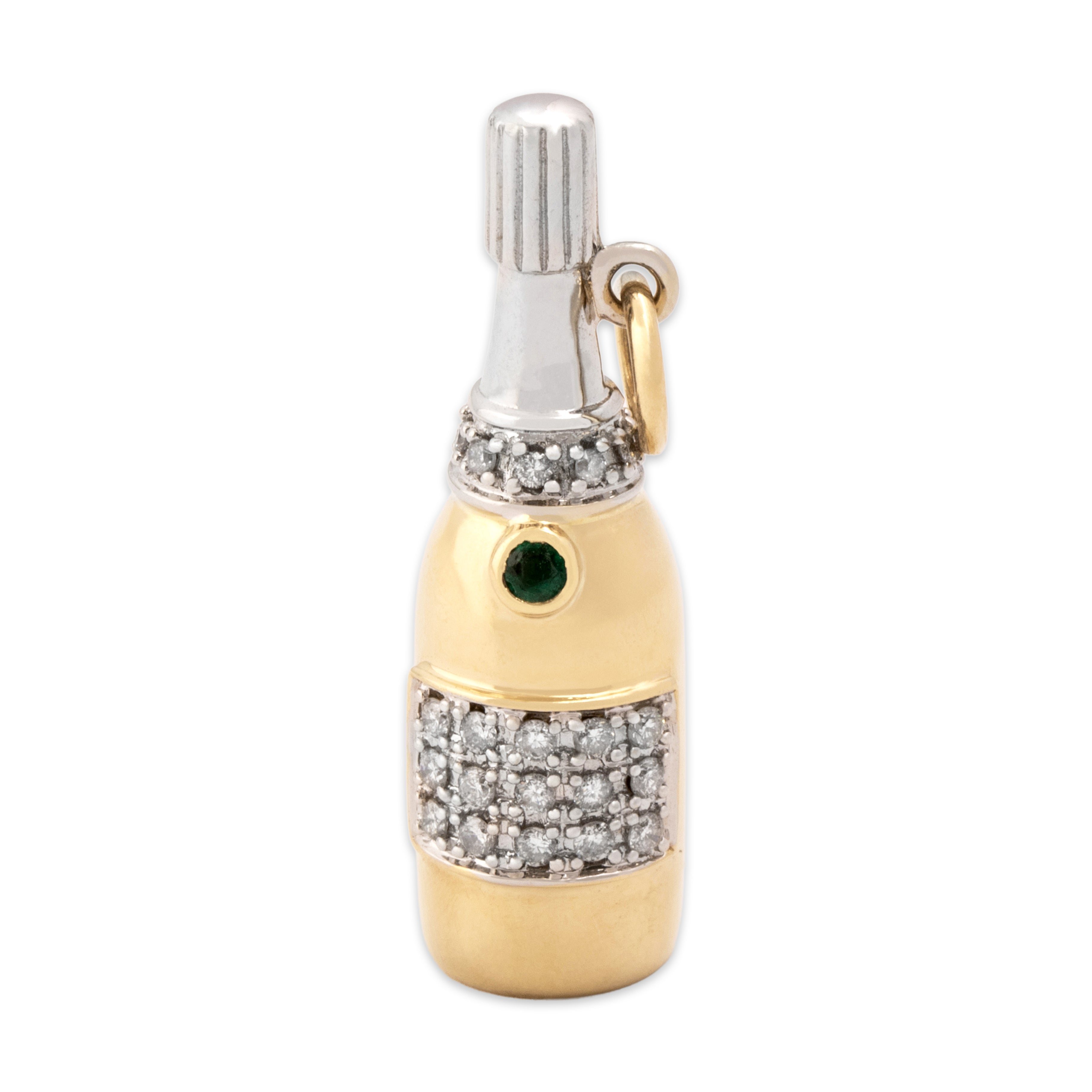 Vintage 14k Yellow & White Gold Diamond Emerald Champagne Bottle Charm / Pendant - Overall view
