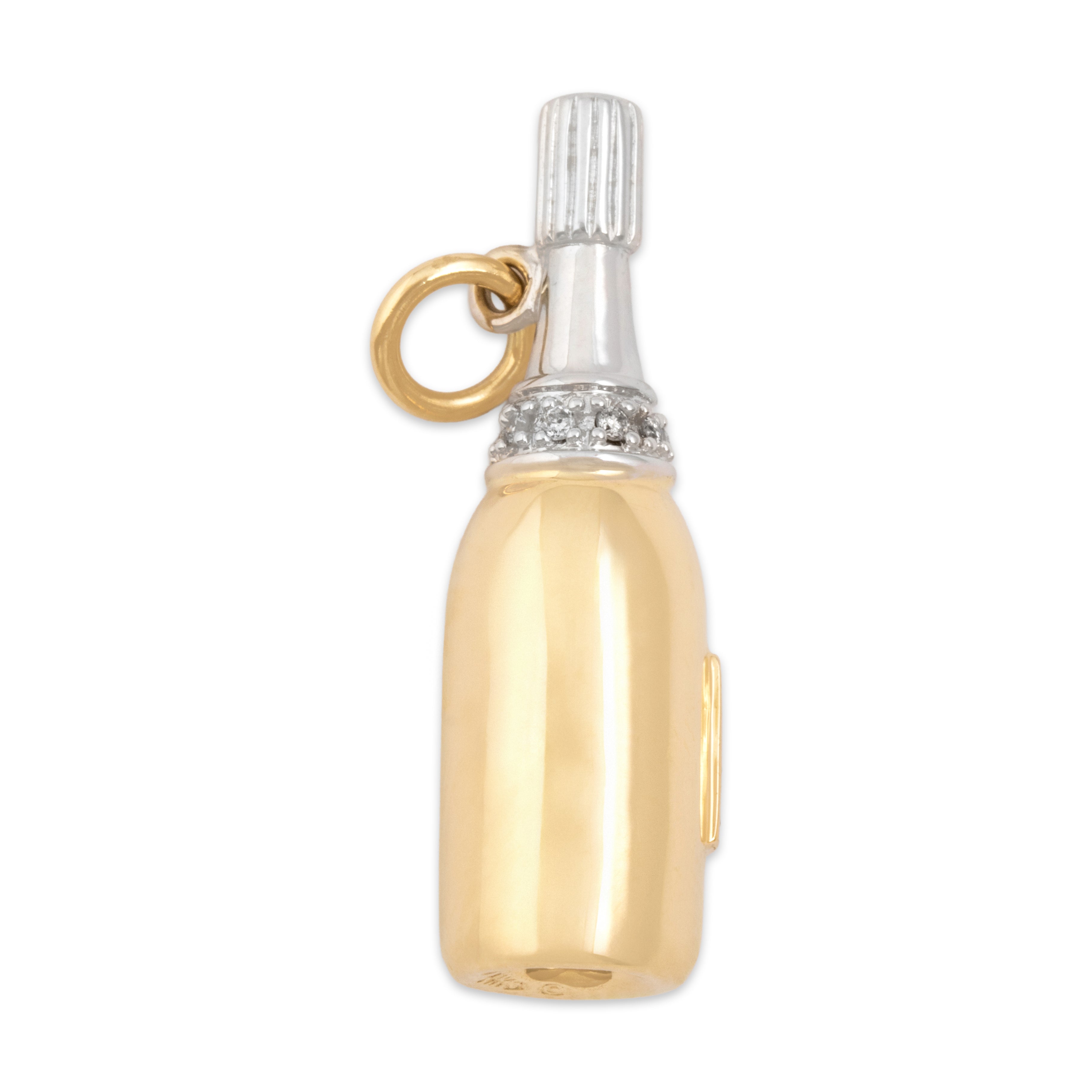 Vintage 14k Yellow & White Gold Diamond Emerald Champagne Bottle Charm / Pendant - detail view #1