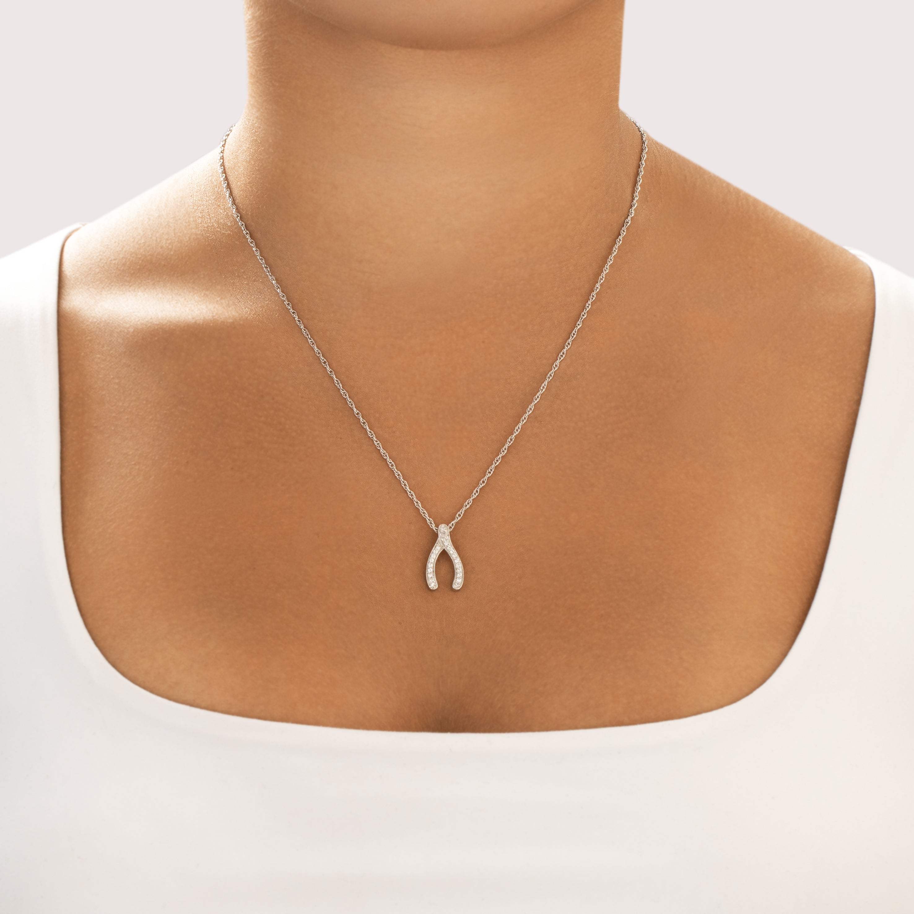 Estate 14k White Gold Diamond Glittering Lucky Wishbone Pendant - On model view