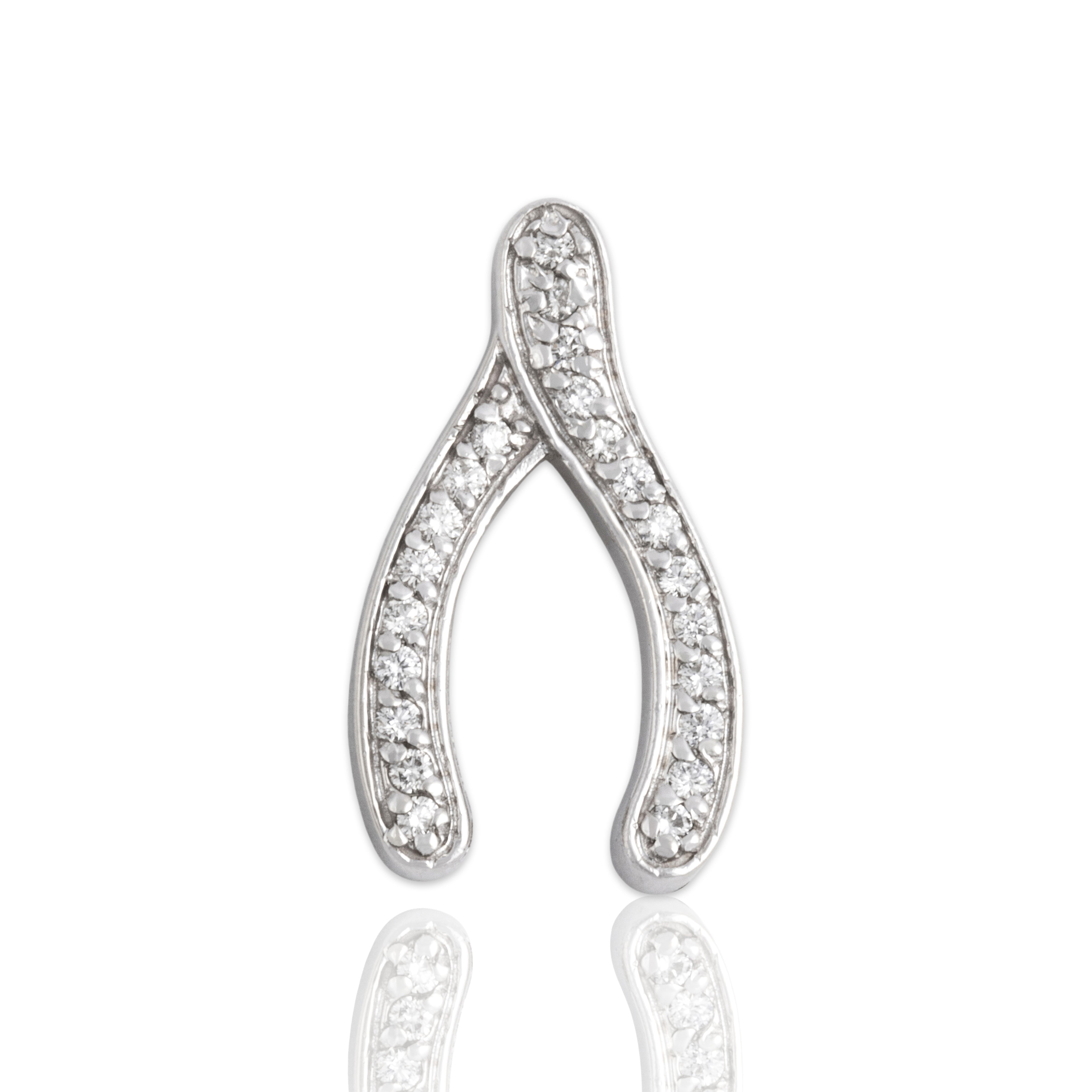 Estate 14k White Gold Diamond Glittering Lucky Wishbone Pendant - Close-up view