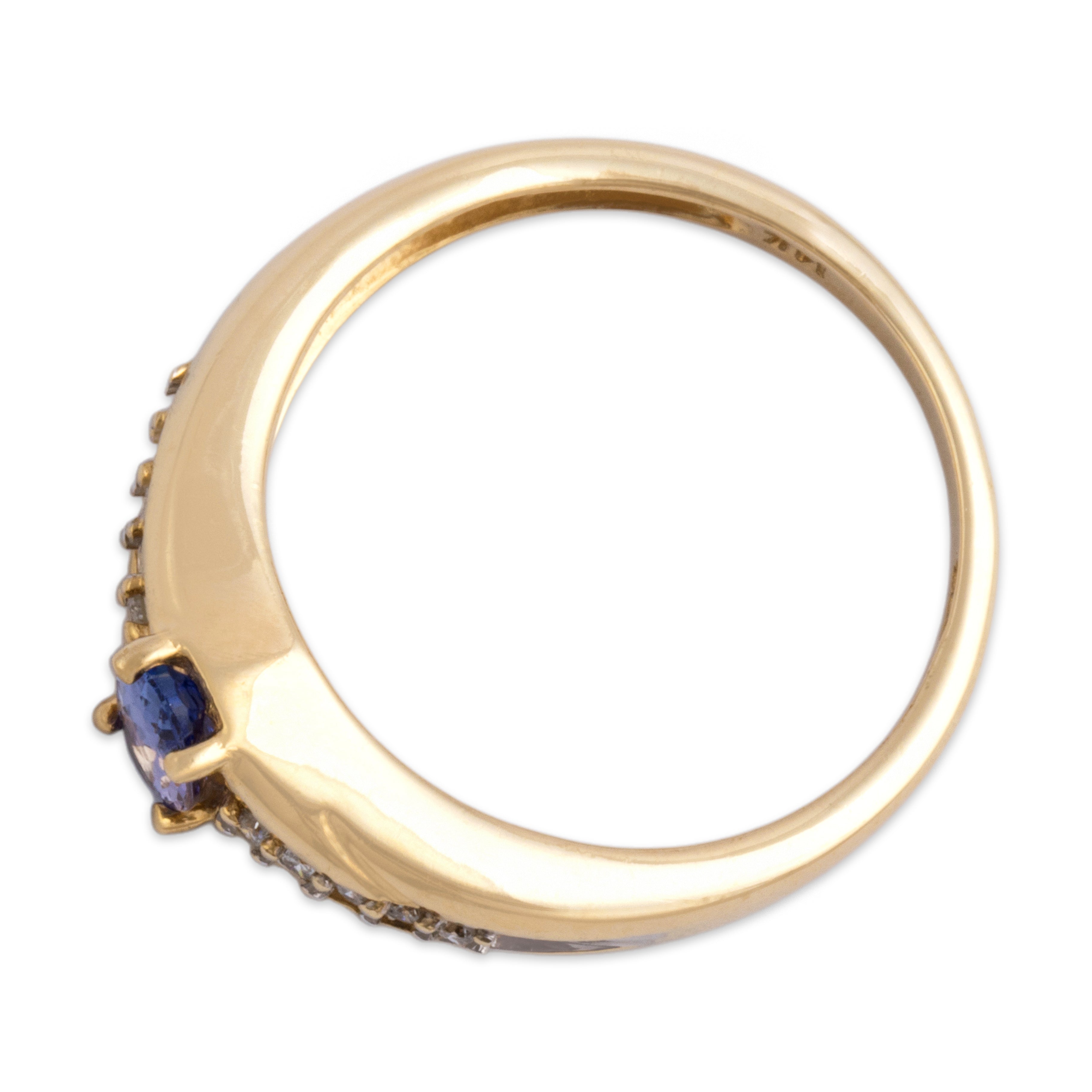 Vintage 14k Yellow Gold Tanzanite Diamond Vibrant Oval Accented Line Ring - Overall view