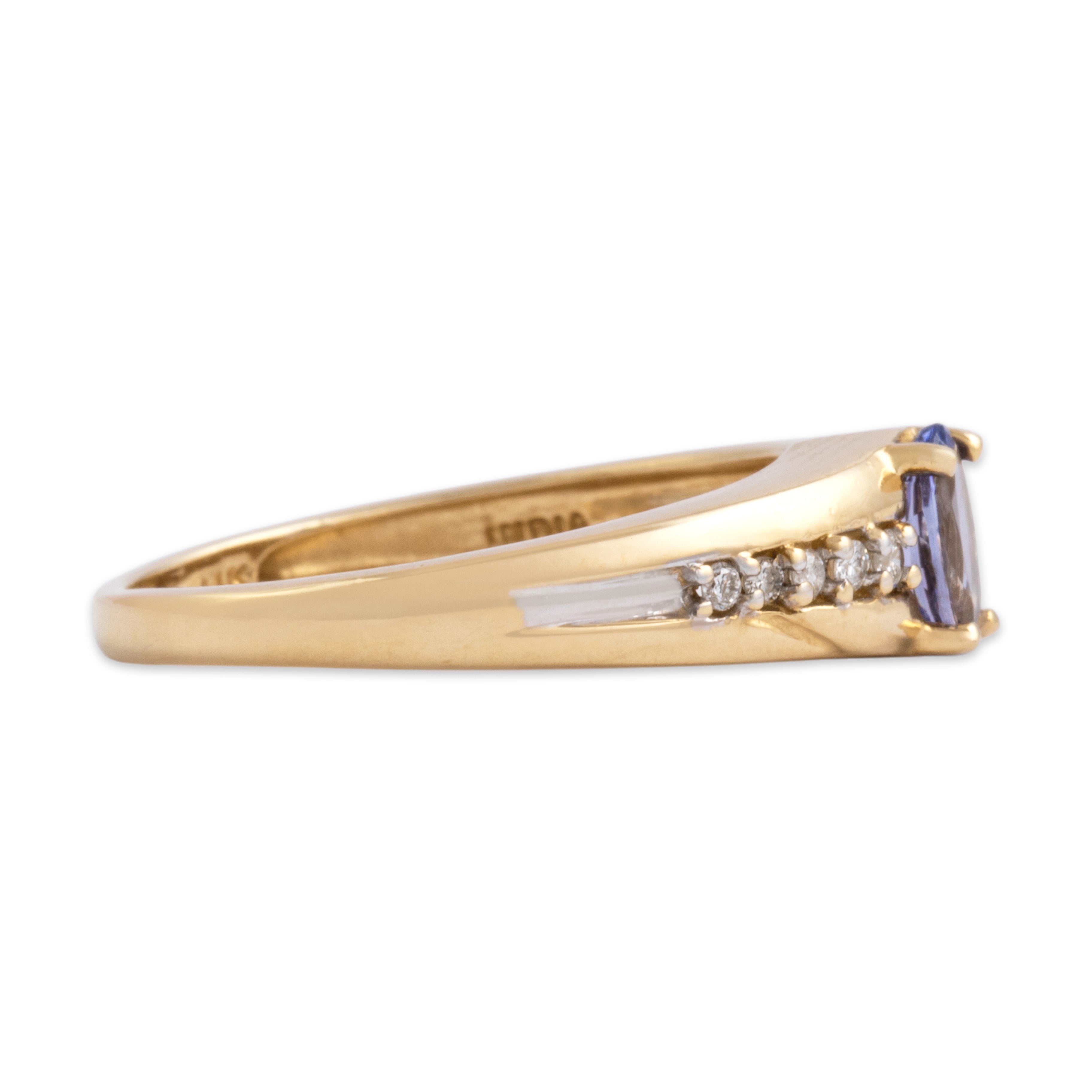 Vintage 14k Yellow Gold Tanzanite Diamond Vibrant Oval Accented Line Ring - Side view