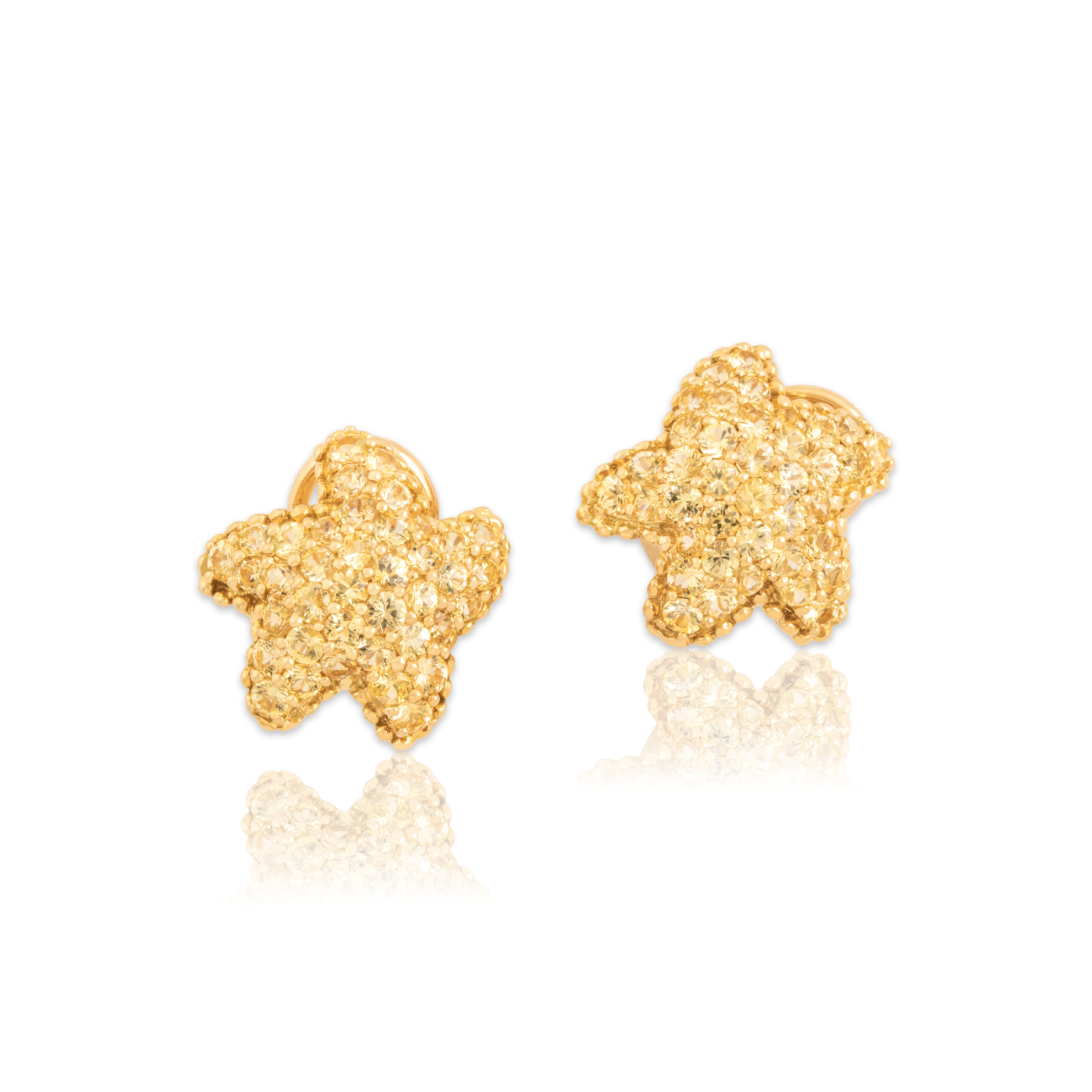 Vintage 18k Yellow Gold 3.52cttw Yellow Sapphire Sunny Starfish Omega-Back Earrings - Close-up view