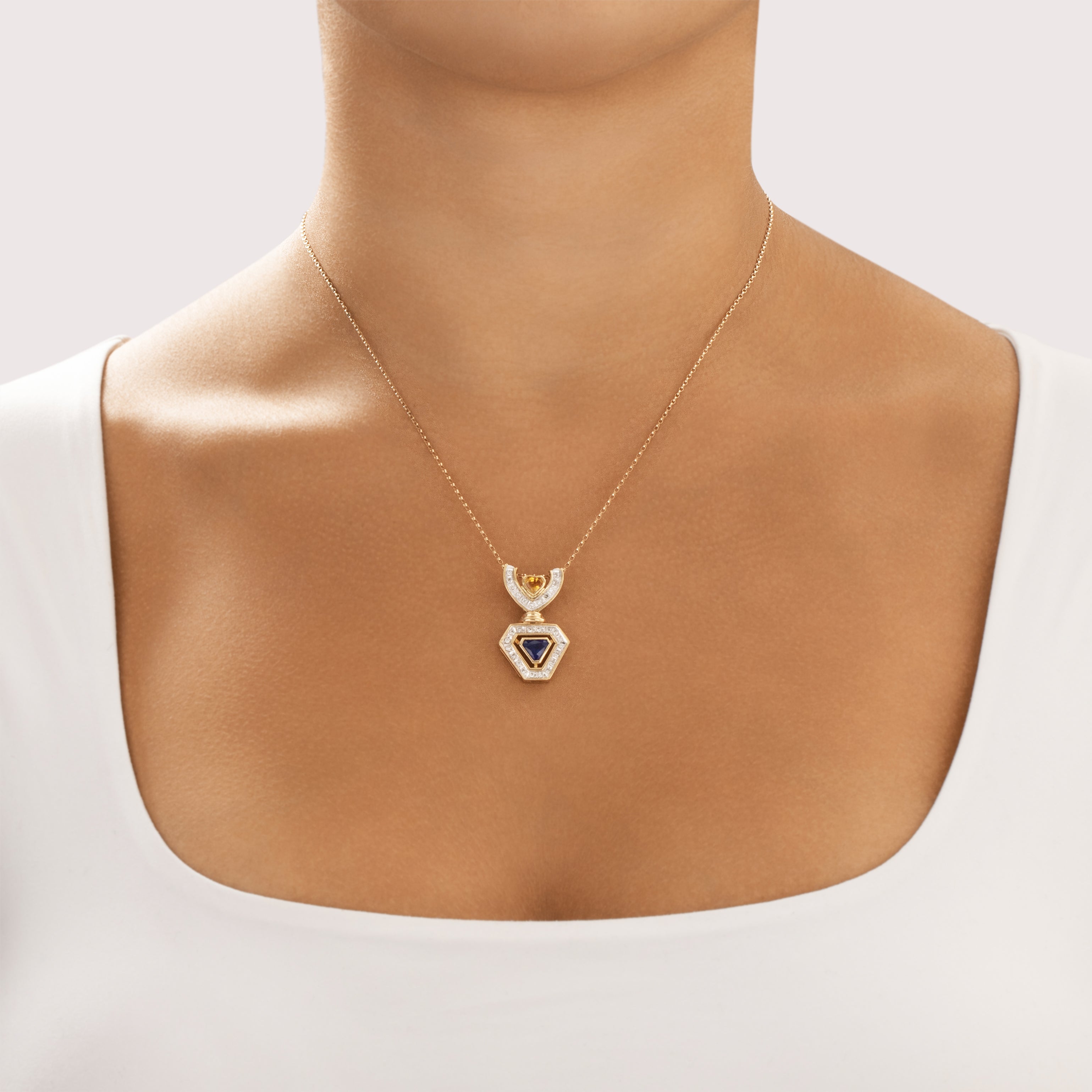 Vintage 18k Yellow & White Gold 1.46cttw Yellow Blue Sapphire Diamond Fabulous Bright Geometric Heart Slide Pendant - On model view