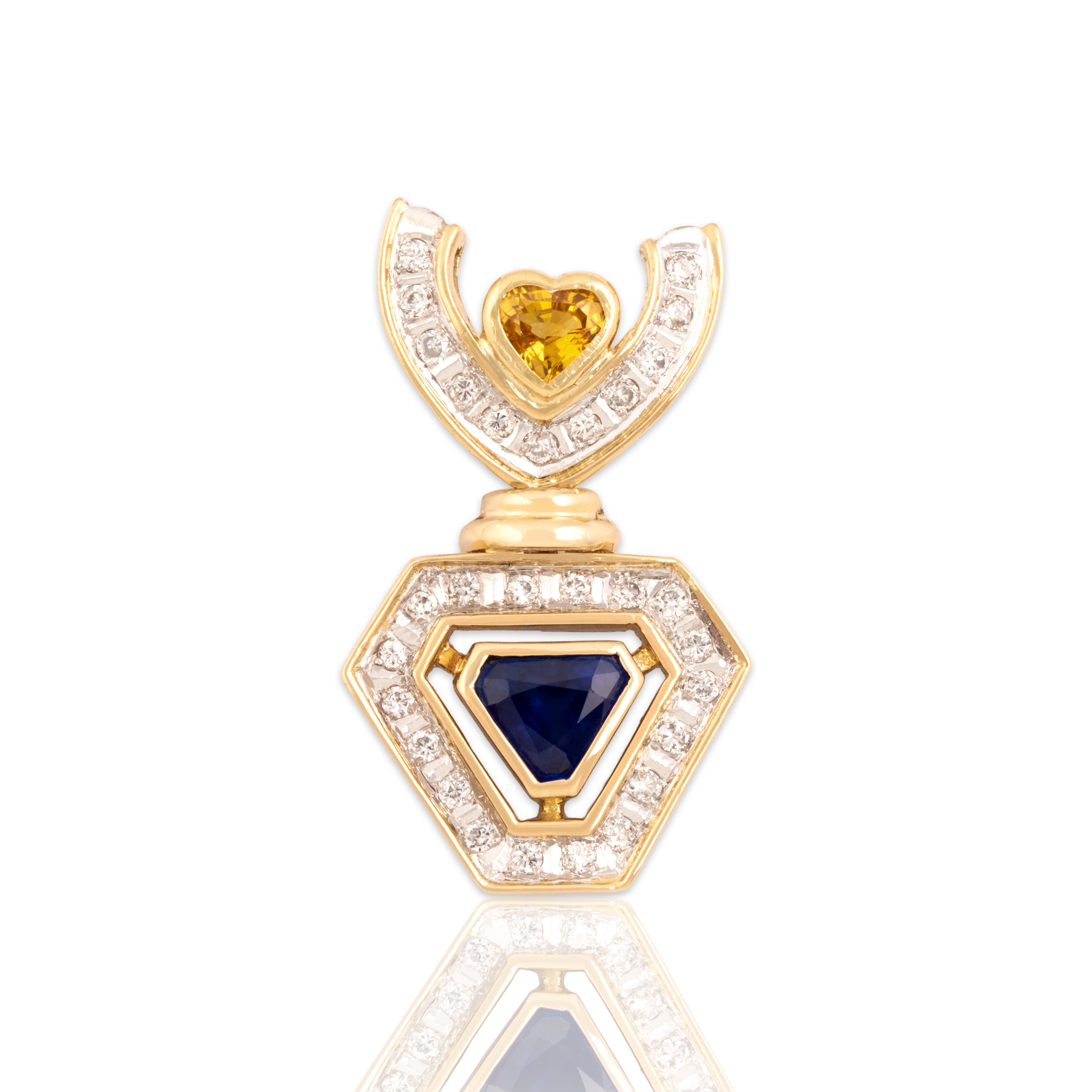 Vintage 18k Yellow & White Gold 1.46cttw Yellow Blue Sapphire Diamond Fabulous Bright Geometric Heart Slide Pendant - Close-up view