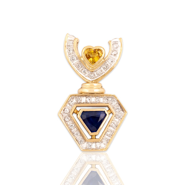 Vintage 18k Yellow & White Gold 1.46cttw Yellow & Blue Sapphire Diamond Pendant