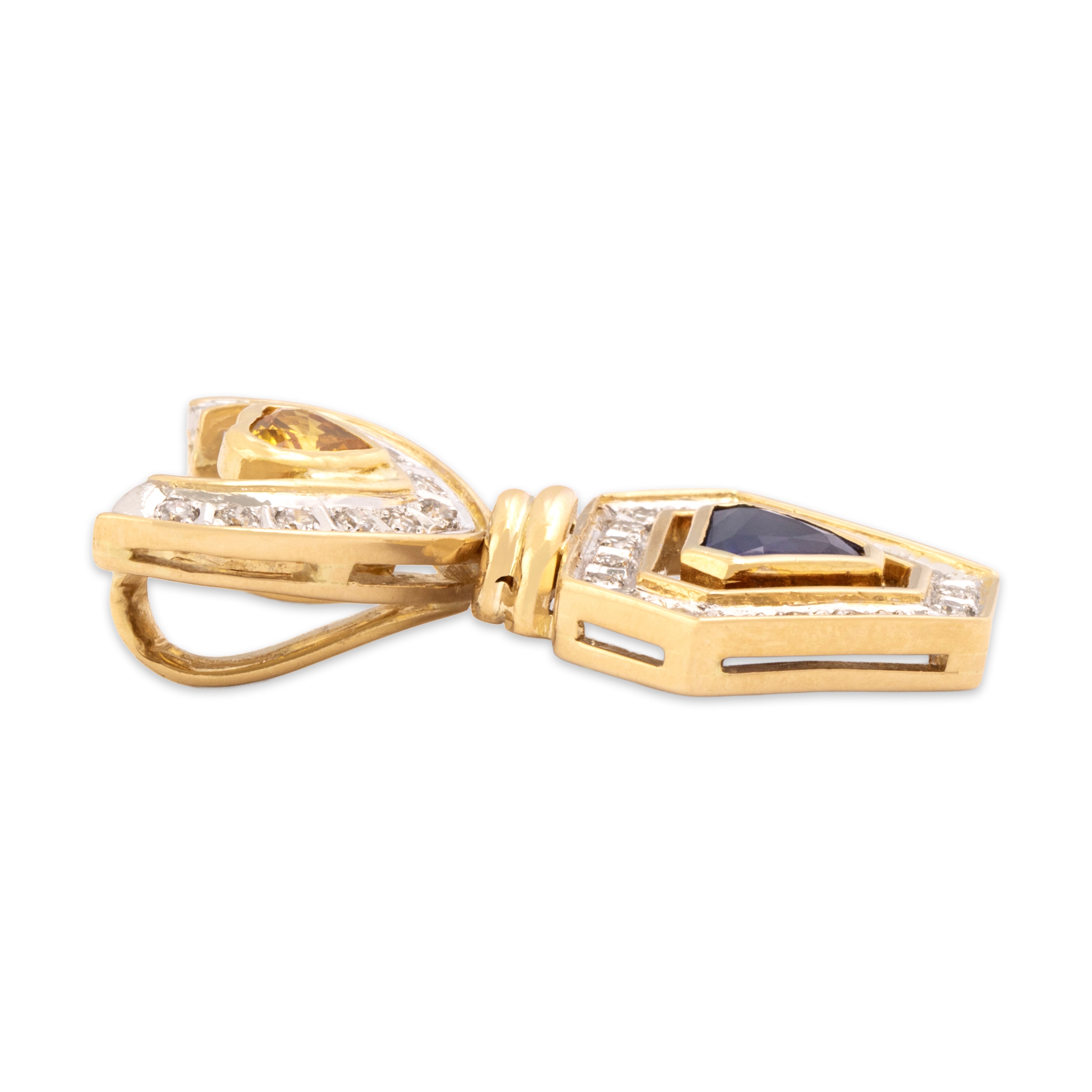Vintage 18k Yellow & White Gold 1.46cttw Yellow Blue Sapphire Diamond Fabulous Bright Geometric Heart Slide Pendant - Side view